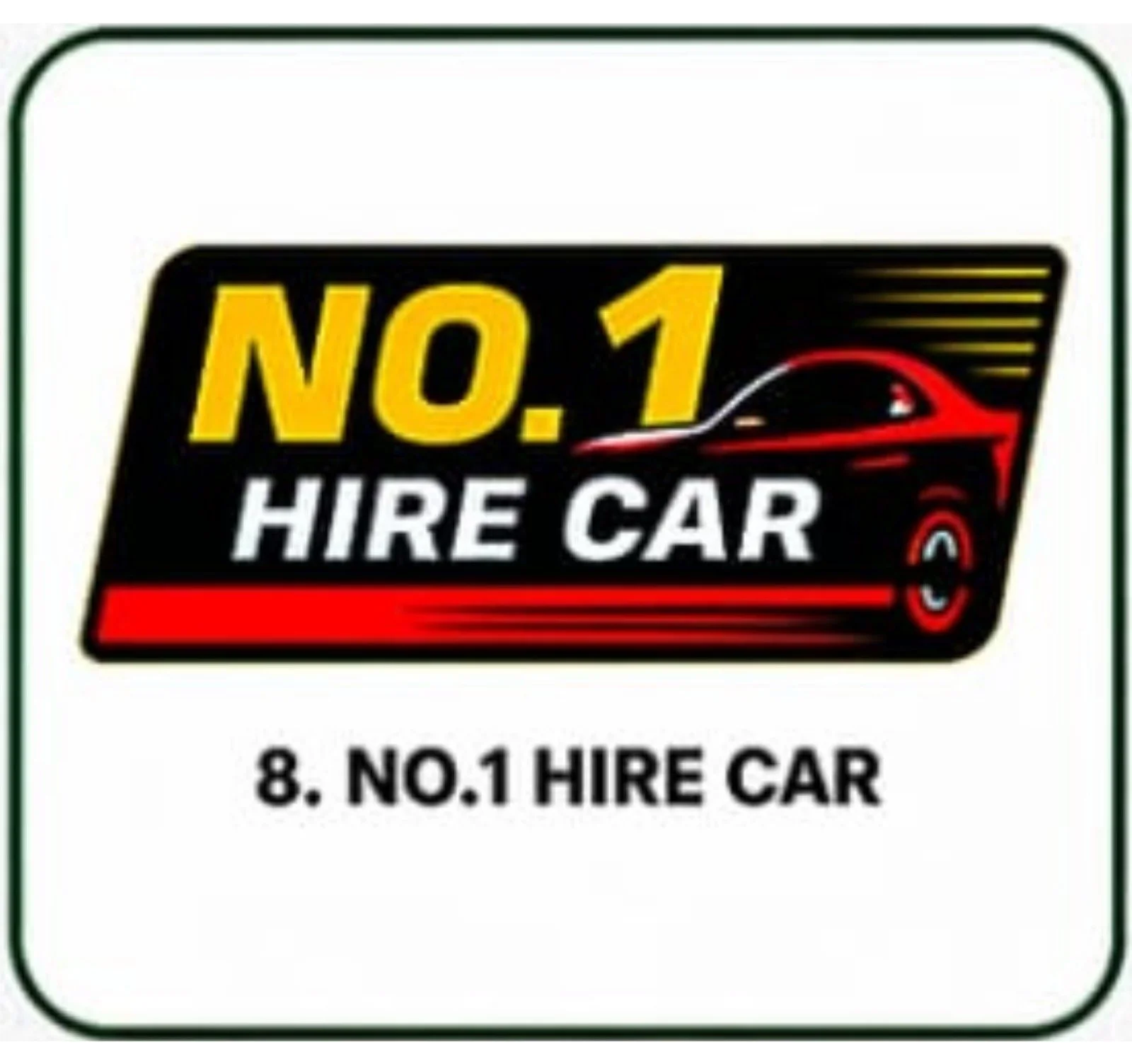 Logo for No.1 Hire Car with a black background, a stylized red car, and yellow and white text.