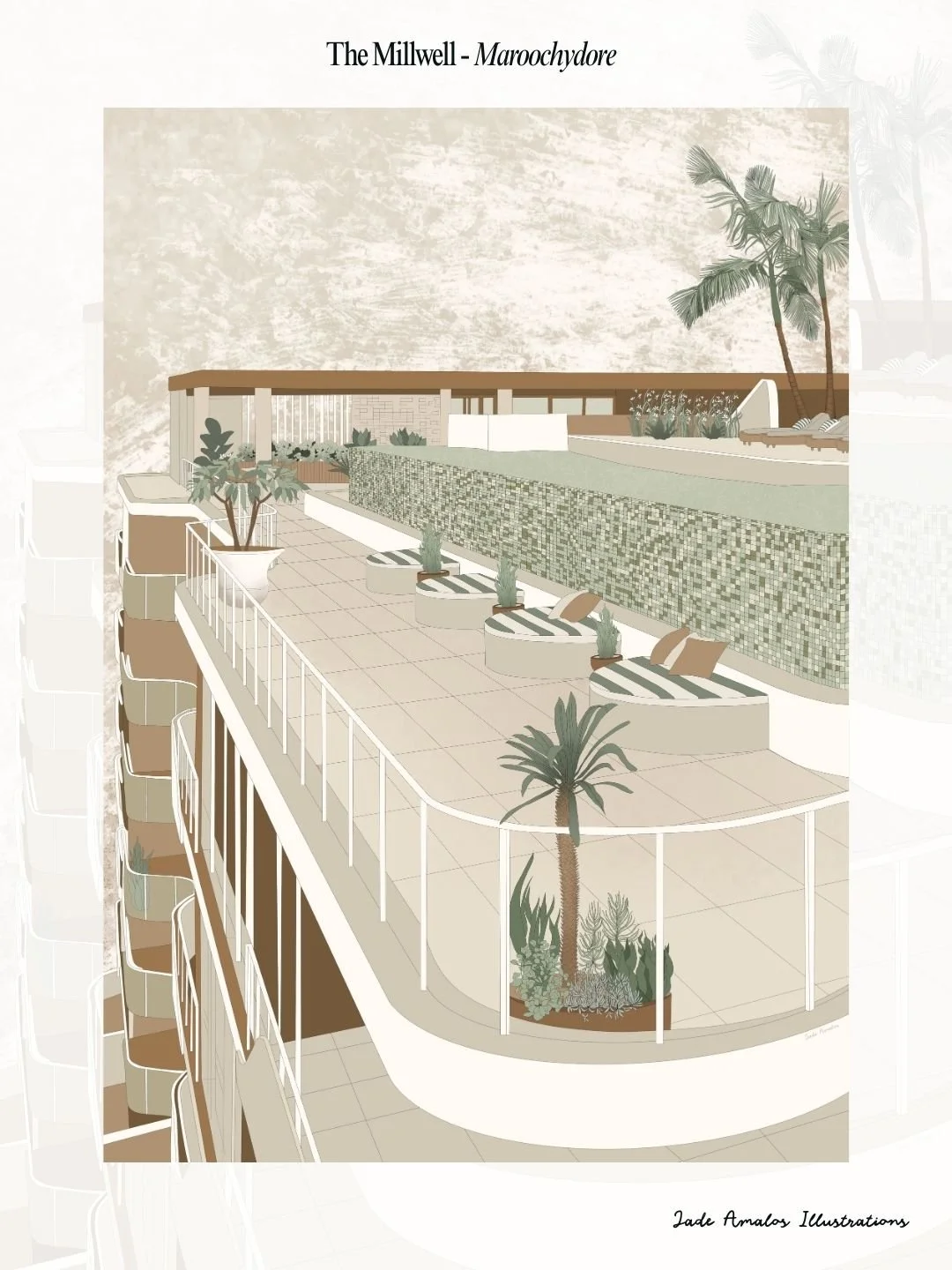 Illustration of a rooftop pool area with lounge chairs, potted plants, and palm trees, featuring a modern architectural design.