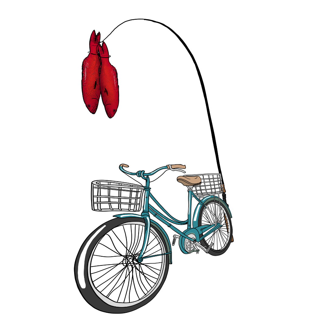 Hand-drawn illustration of a vintage teal bicycle with a fishing rod by Jade Amalos