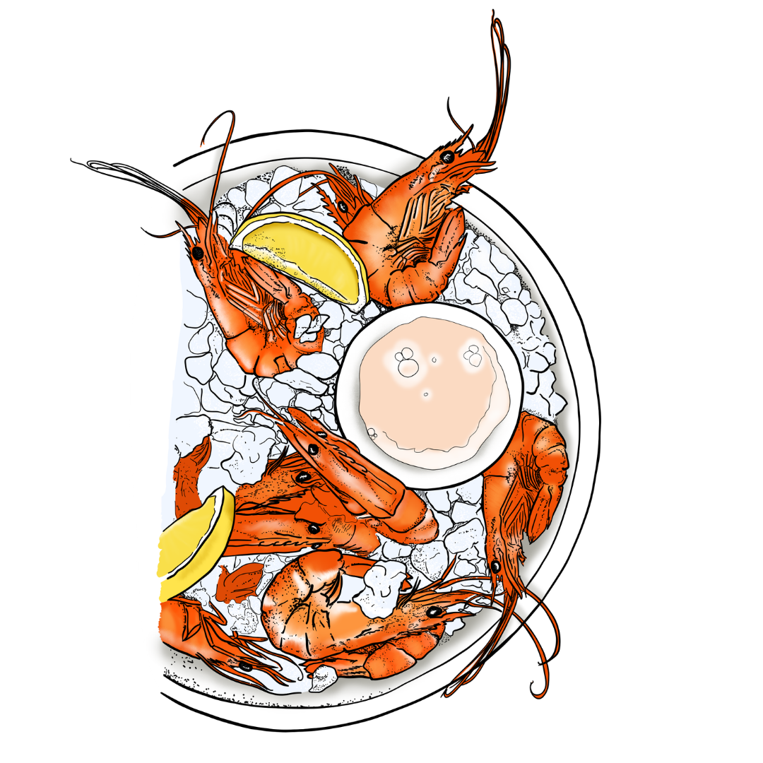 Hand-drawn illustration of a seafood platter with prawns, oysters and lemon by Jade Amalos