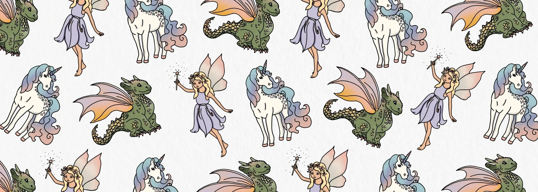 Pattern featuring cartoon unicorns, dragons, fairies, and clouds with pastel colors.