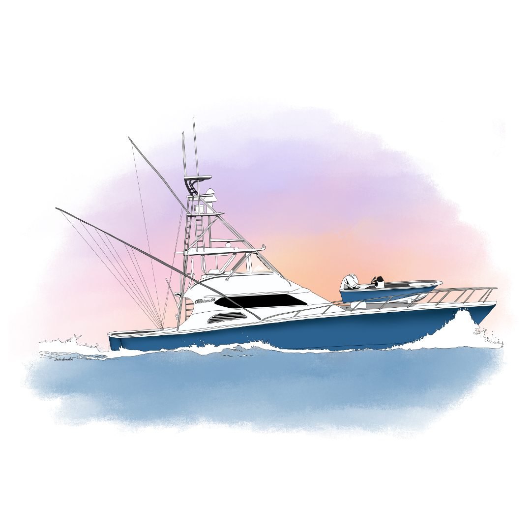 Hand-drawn illustration of a game fishing boat on the water by Jade Amalos