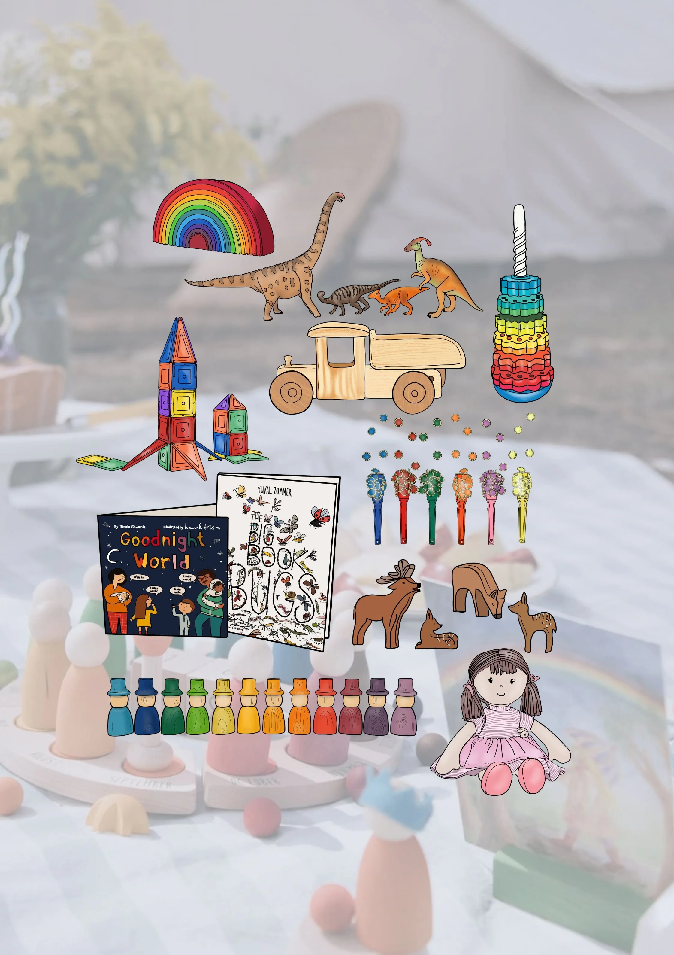Various toys and books, including a rainbow, dinosaur figures, a wooden train, stacking rings, colored markers, and dolls, arranged on a table.