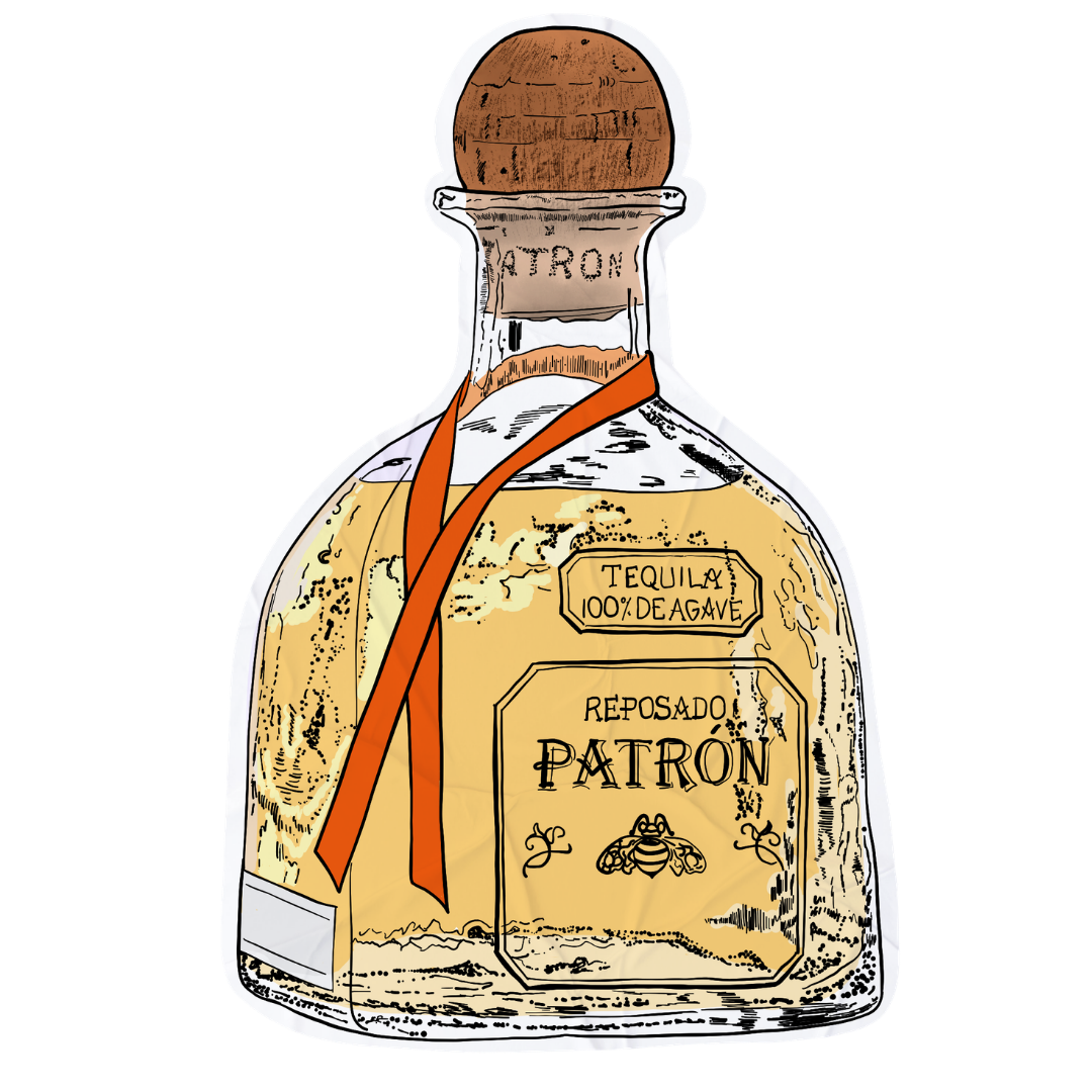 Hand-drawn illustration of a Patron tequila bottle by Jade Amalos