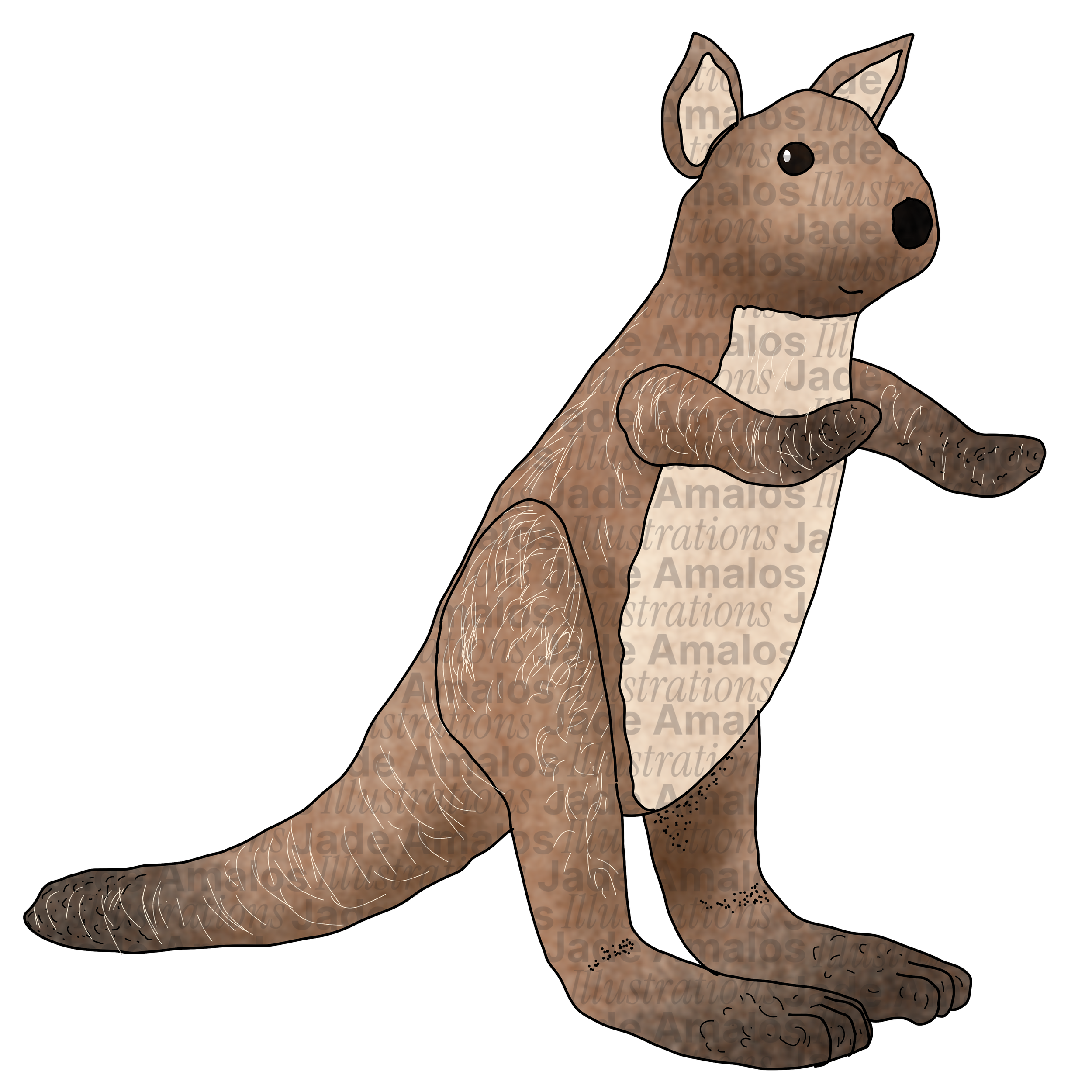 A digital illustration of a puppy with a brown and white coat, large black eyes, and a black nose, sitting on a black background.