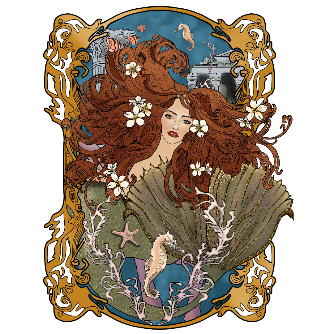 Hand-drawn art nouveau mermaid in an ornate gold frame with a seahorse by Jade Amalos
