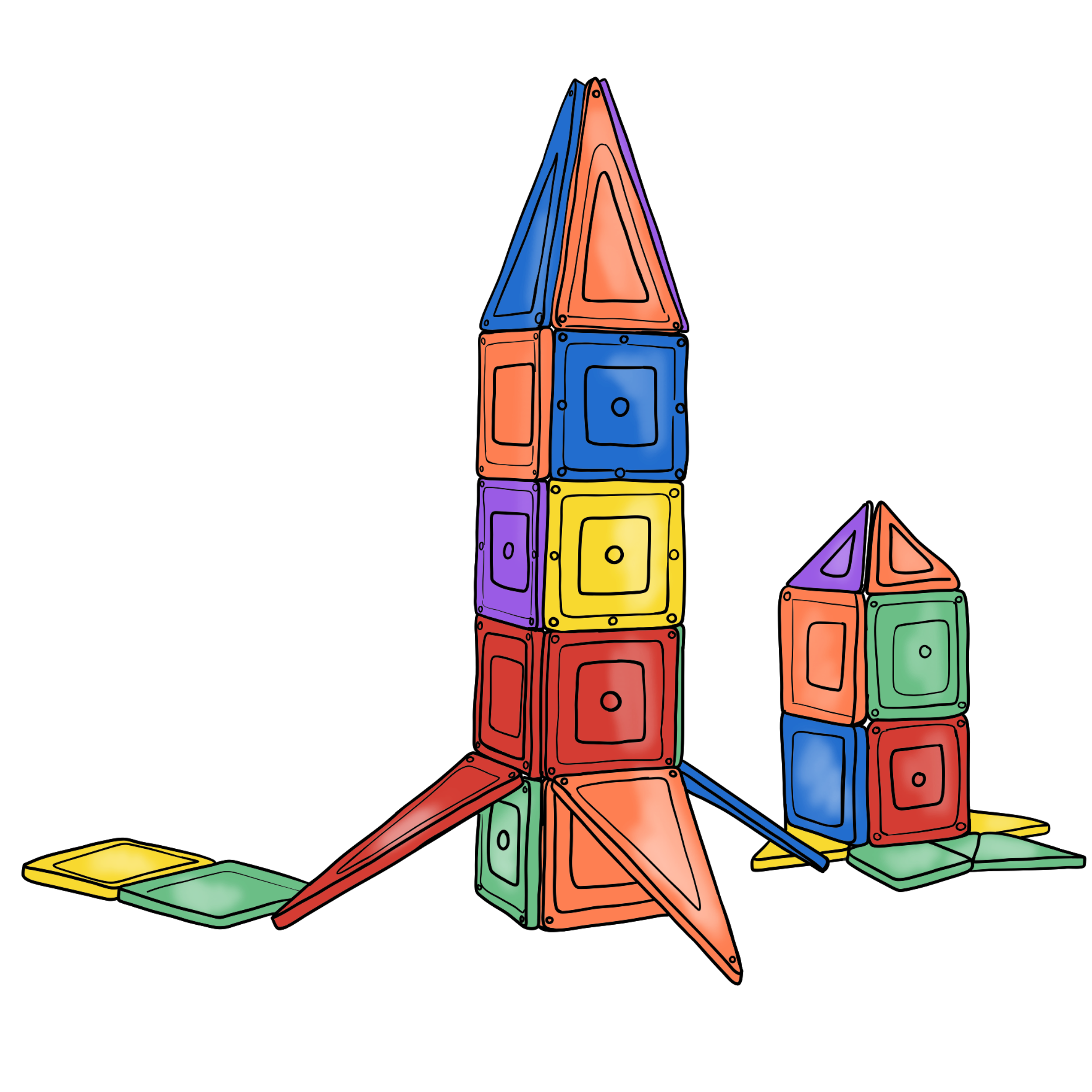 Colorful illustration of a house of cards built with wooden blocks, with a triangular roof and walls, on a black background.