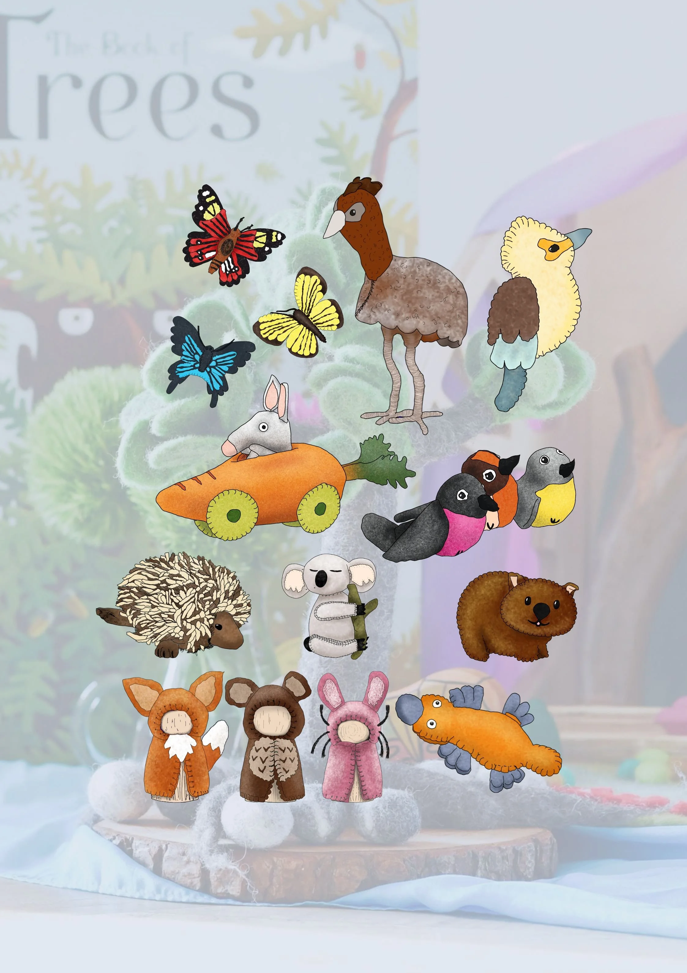 Colorful paper cutout animals including a fox, mouse, koala, and bear, along with birds, butterflies, and a carrot, arranged in a whimsical display.