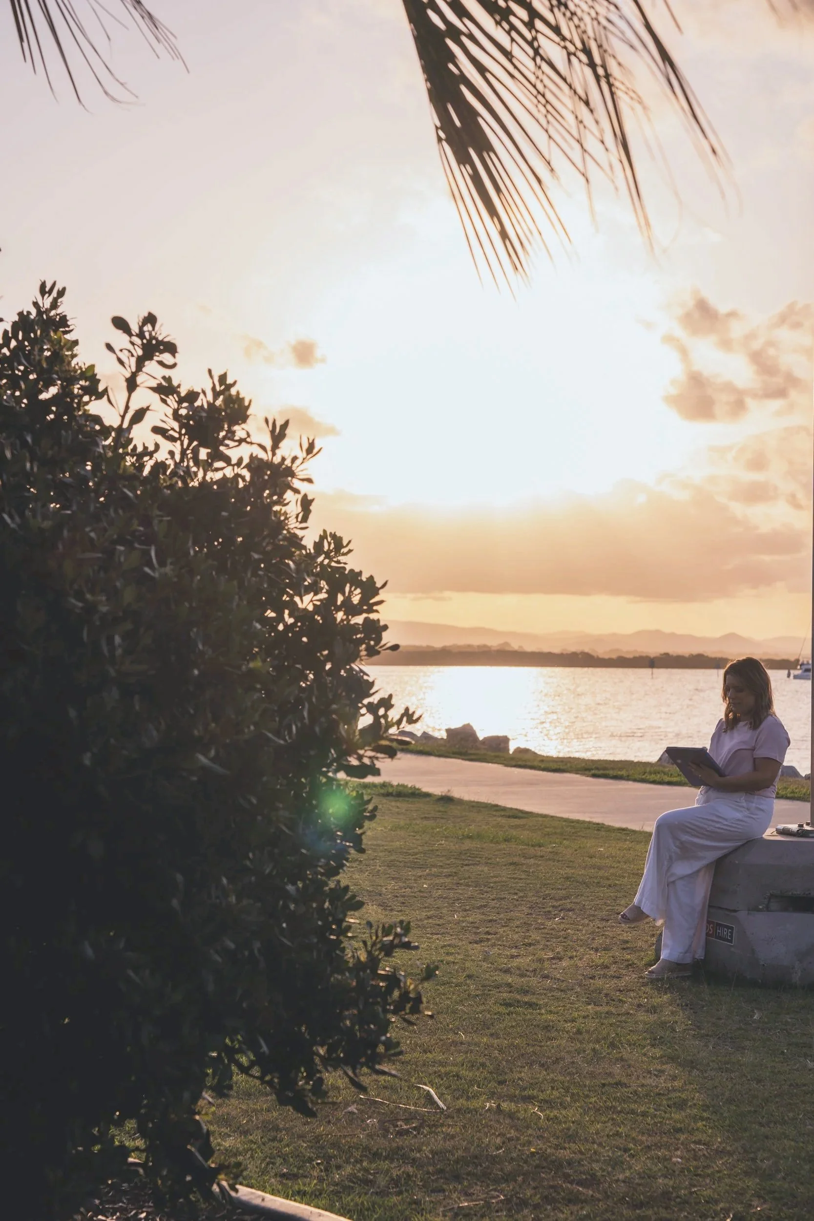 A woman in a white dress sits on a bench by a body of water, reading a book during sunset. The scene is framed by foliage in the foreground, with the sky glowing orange and pink clouds above.