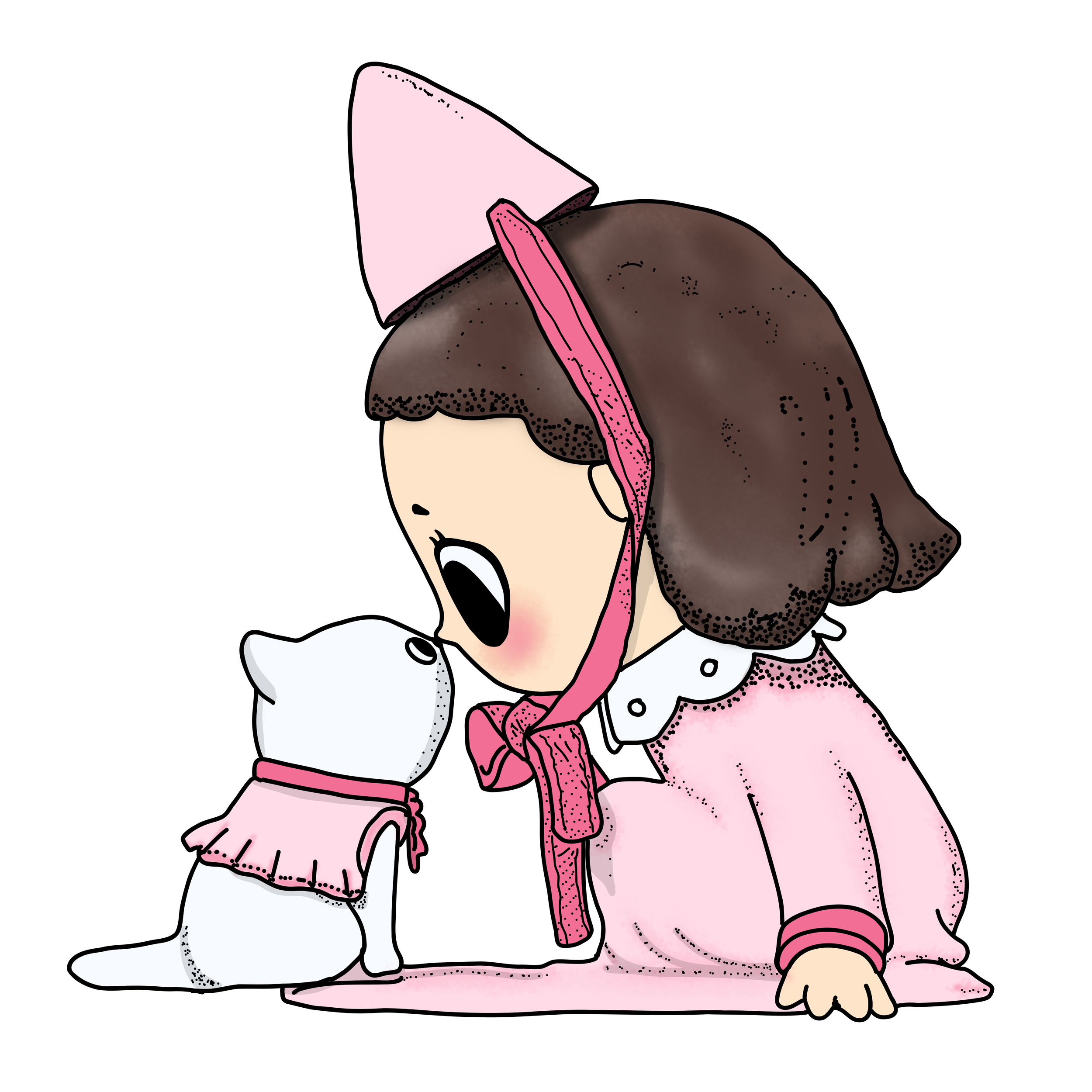 A cartoon girl in a pink jacket putting a pink folder into a grey trash can.