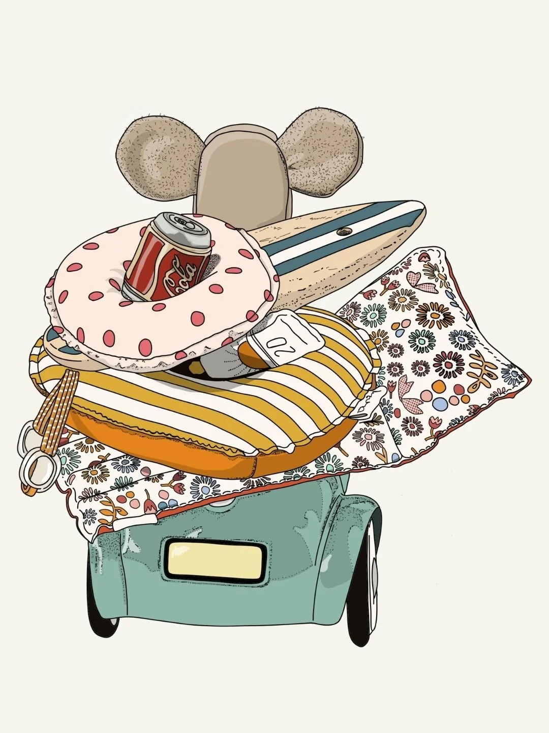 A cartoon illustration of a small teal car with a flatbed carrying various items, including a foam pillow with a soda can, a skateboard, a cushion, a floral pillow, and a plush mouse head with ears.