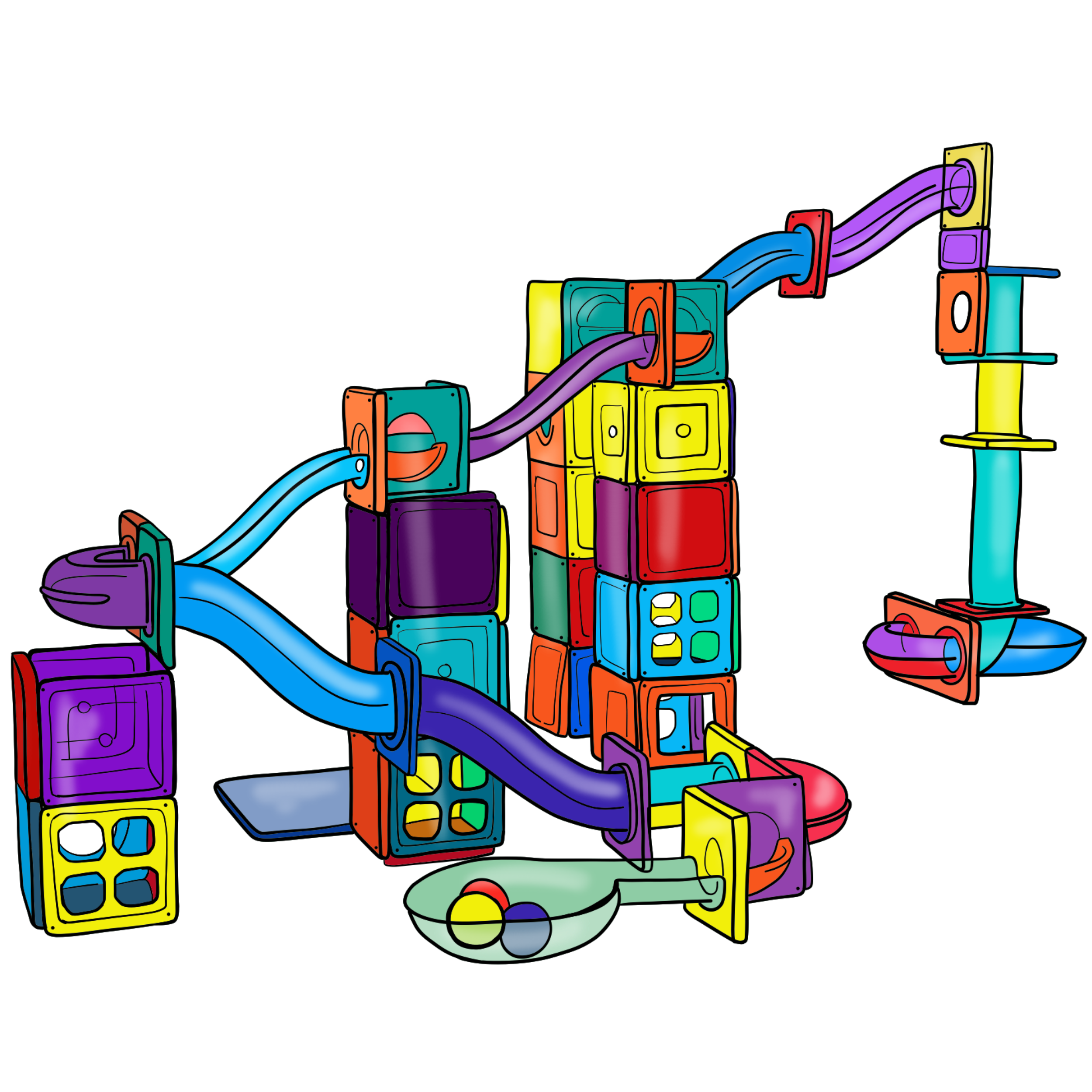 Colorful abstract illustration of interconnected pipes and blocks with various shapes and colors.