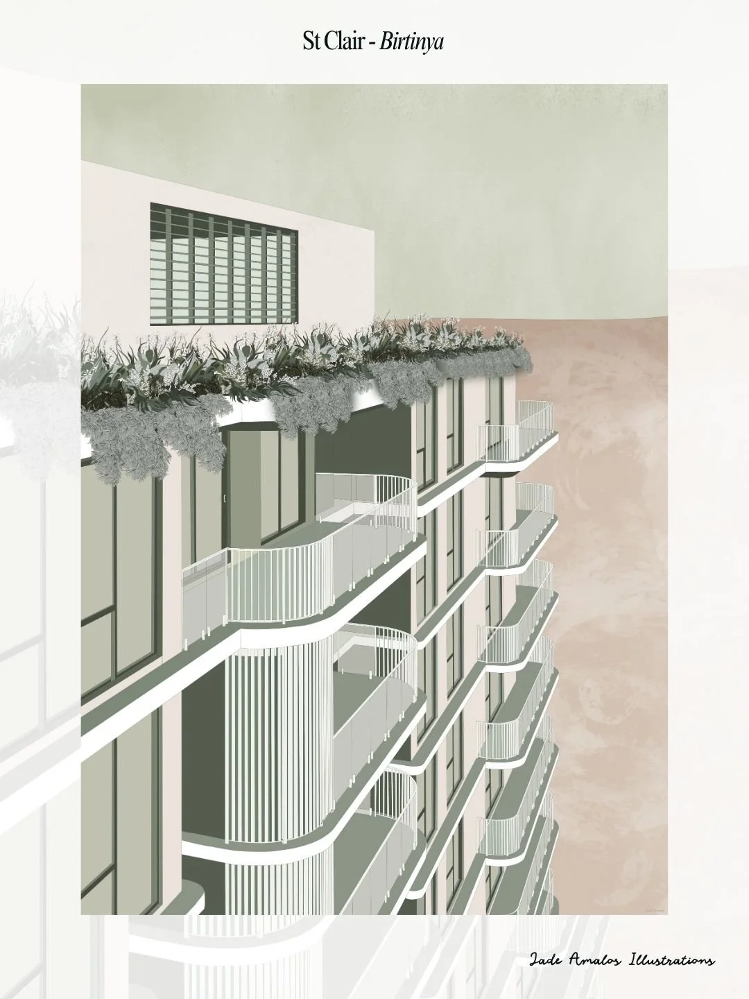 Illustration of a modern apartment building with multiple floors, each with balconies and railings. The building has large windows and a decorative greenery terrace on the top level. The background is muted with soft pastel tones.