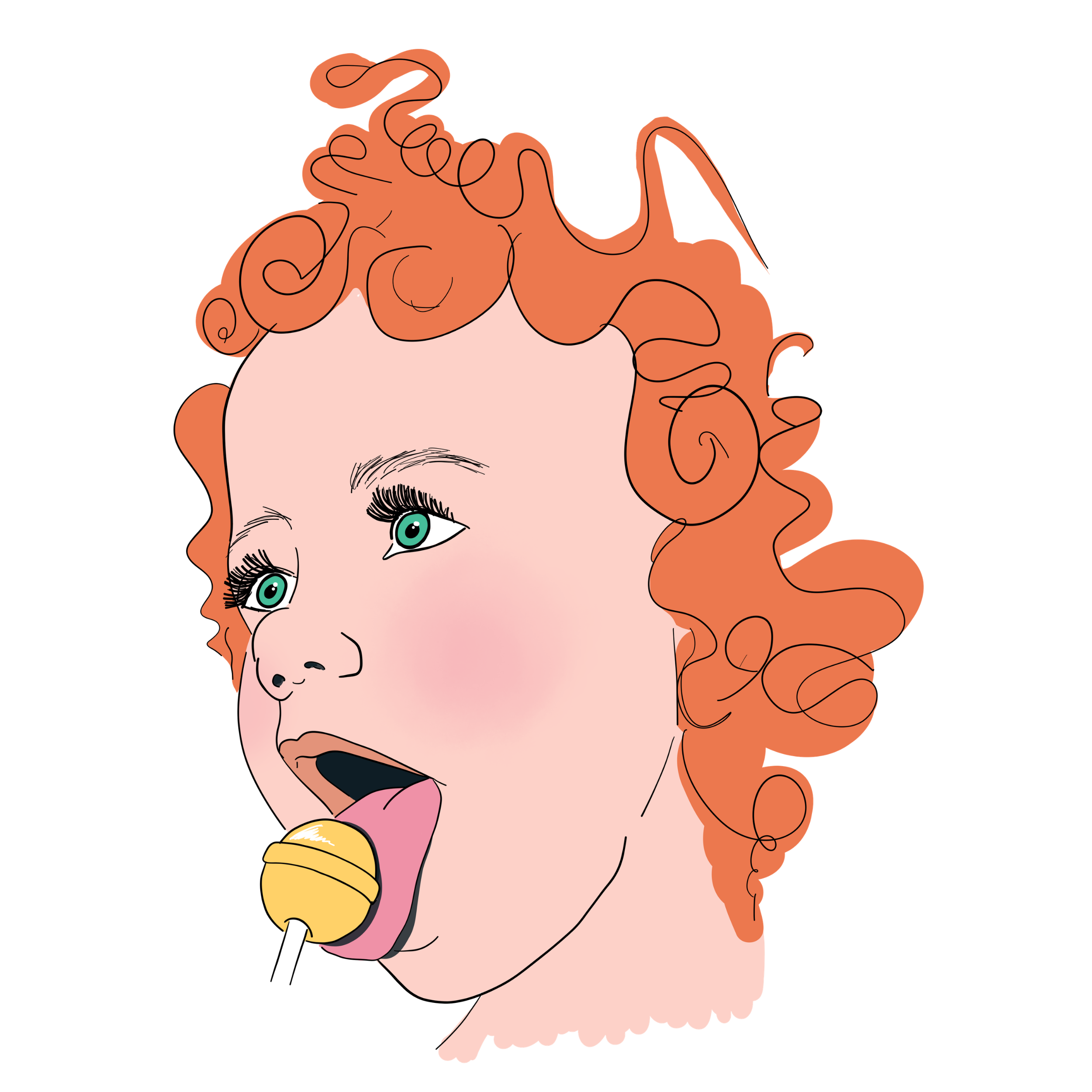 A cartoon illustration of a woman with curly red hair, holding a microphone and singing.