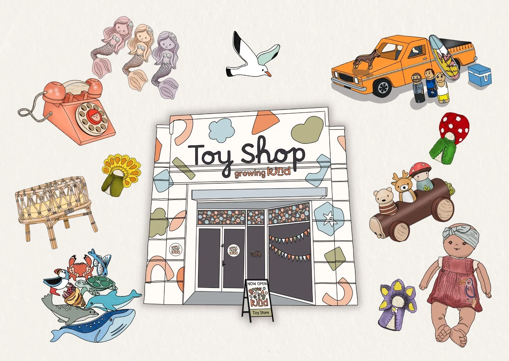 Colorful illustration of a toy shop with various toys around it, including a vintage orange car with a dog, three mermaid dolls, a red telephone, a seagull, a basket, a yellow sunflower hair clip, a toy log with animals, toy sea creatures, a girl doll, and other playful toys.
