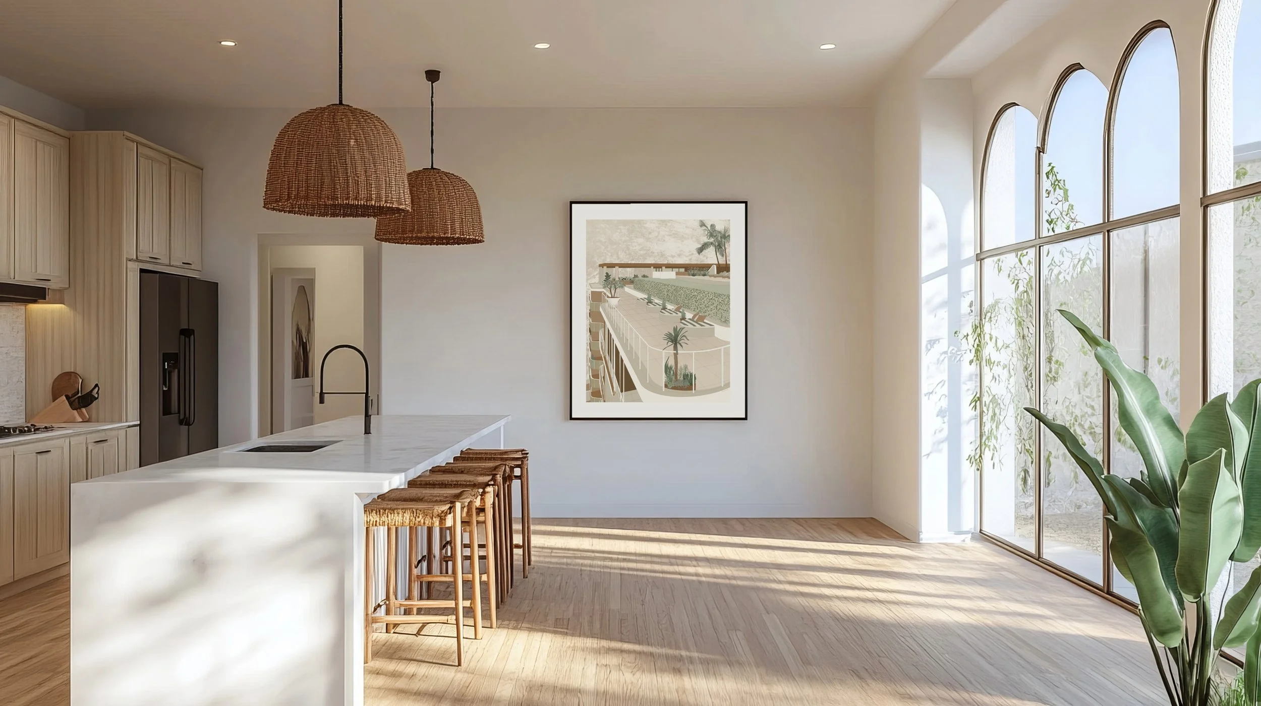 Bright kitchen with a large island, woven pendant lights, and large arched windows with sunlight and greenery outside.
