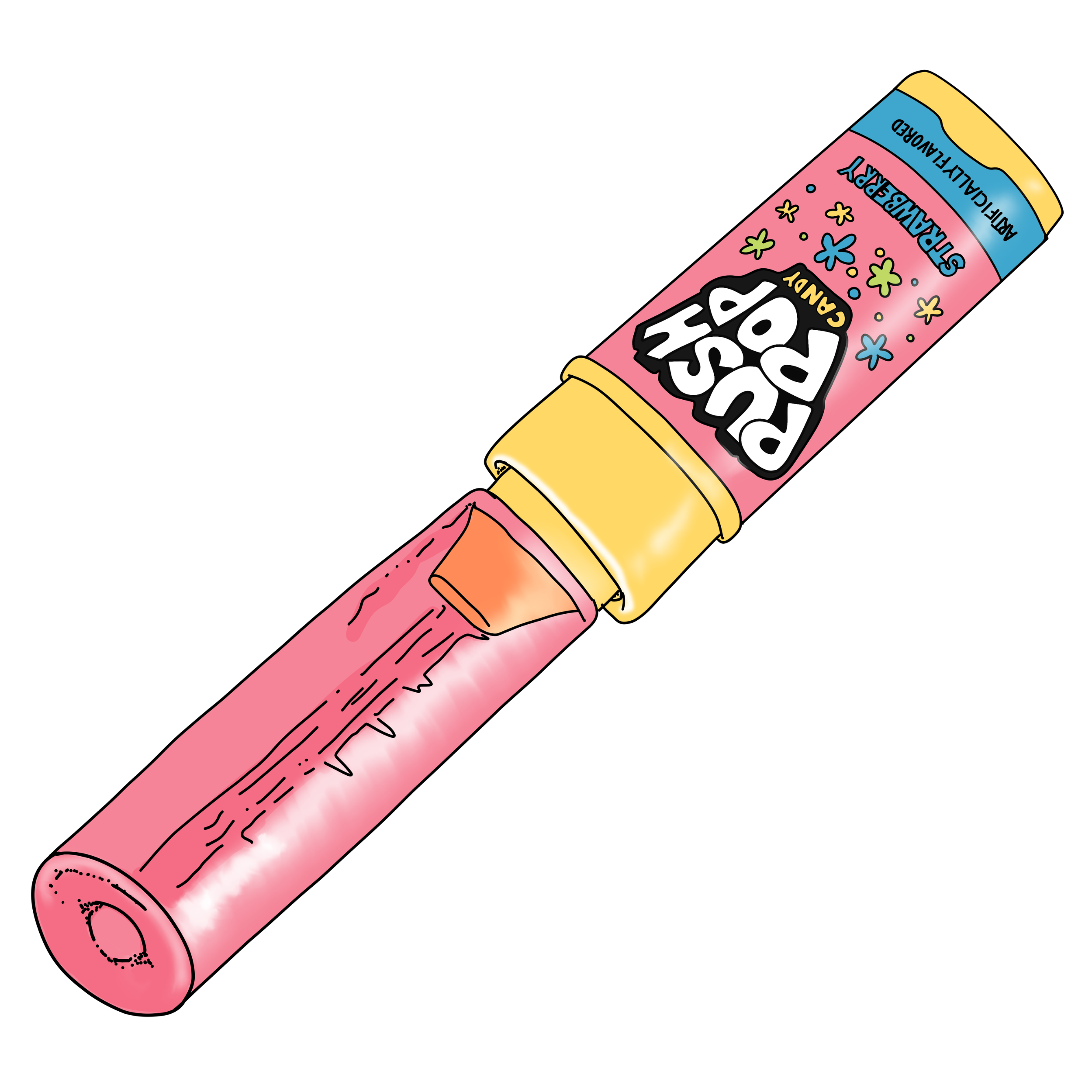A colorful illustration of a tube of blush with a pink body, yellow cap, and decorative blue, pink, and yellow stars, labeled as 'Sir-Brush' in bold letters.