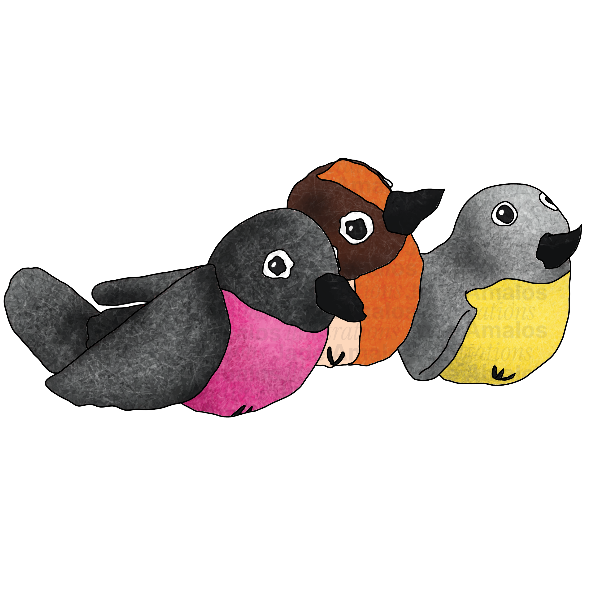 Felt toy birds character illustration for Tara Treasures