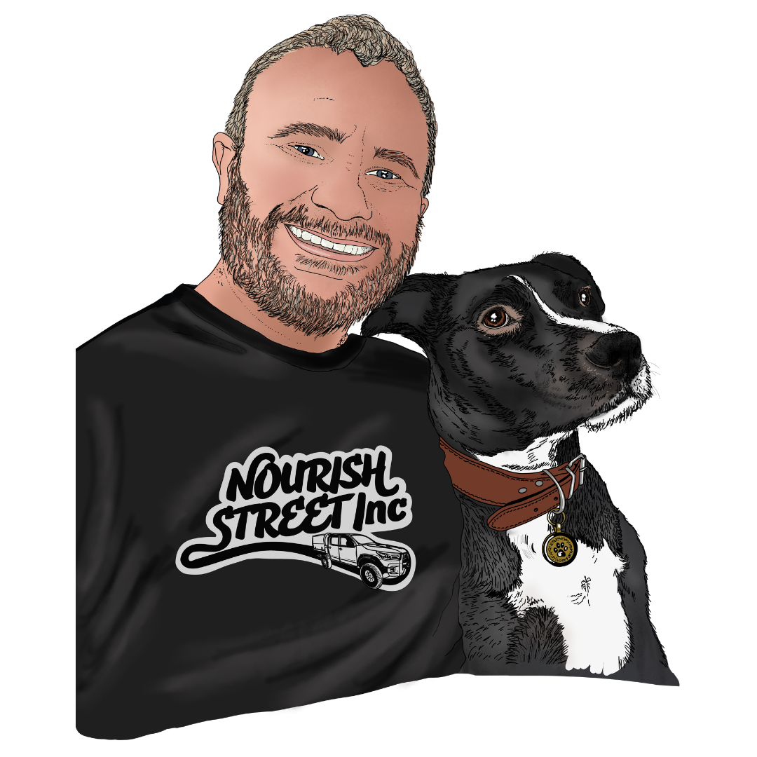 Hand-drawn portrait of a man in a Nourish Street Inc shirt with his black and white dog by Jade Amalos