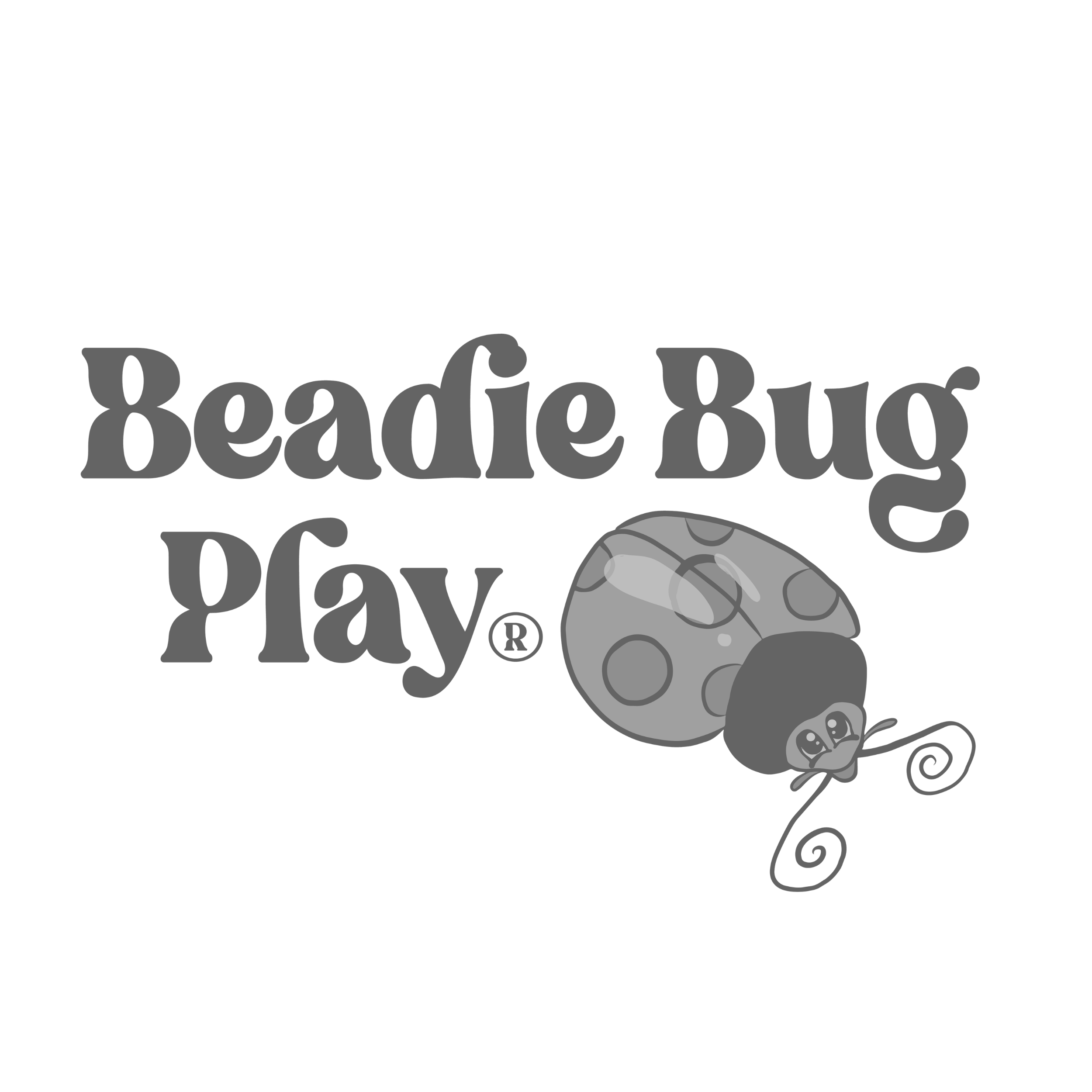 Black and white logo with the words 'Beadie Bubs Play' written in stylized font, along with a smiling cartoon bee and a ladybug.
