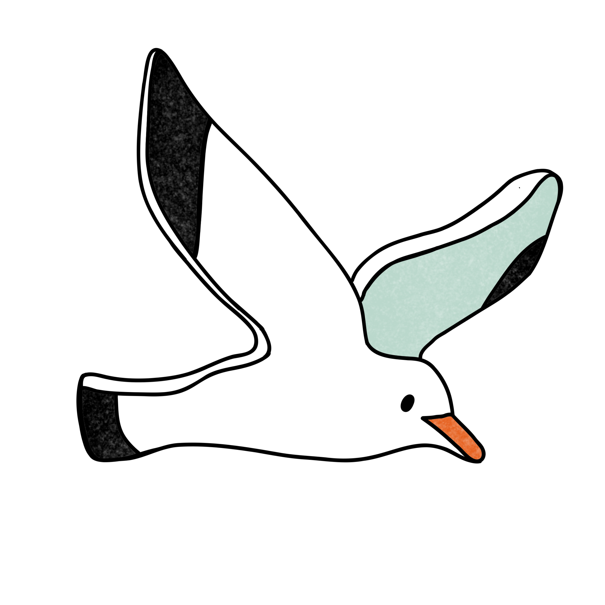 Cartoon illustration of a white gull with an orange beak, wearing a green cap with a dollar sign, holding a dollar bill.