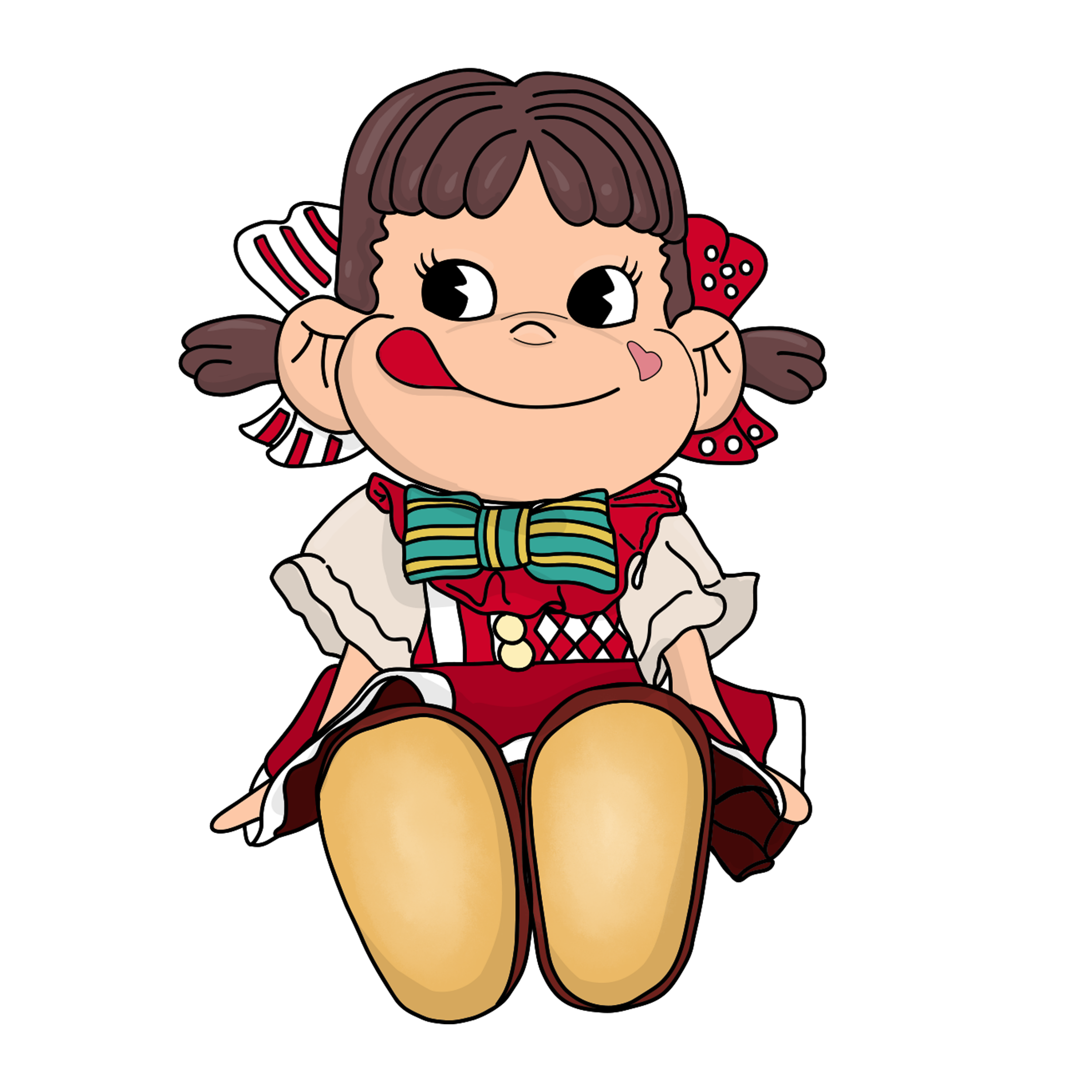 A cartoon girl with dark brown hair styled in pigtails, wearing a red and green plaid dress with a beige collar, and sitting with her knees drawn up, smiling and sticking out her tongue.