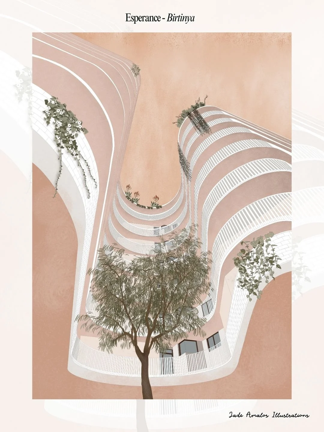 An architectural rendering of a modern building with rounded edges, multiple terraces, and white railings. The building features greenery and trees around it, with a peach-colored ground or background. The top left corner has the text 'Esperance - Birtinya' and the bottom right corner is signed 'Jade Amalas Illustrations.'
