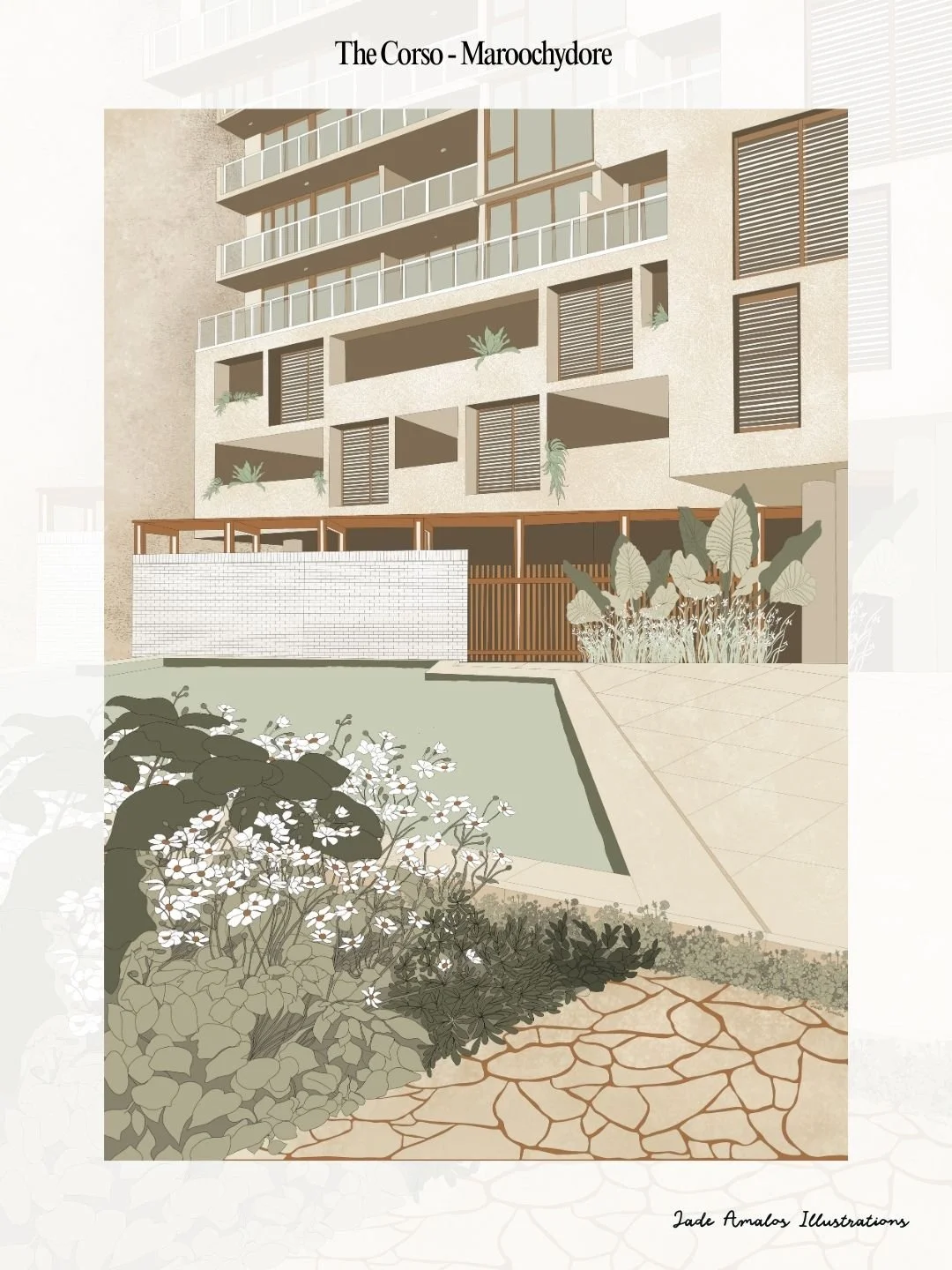Illustration of a modern multi-story residential building with balconies, greenery, and a landscaped courtyard with plants and paved paths in front.