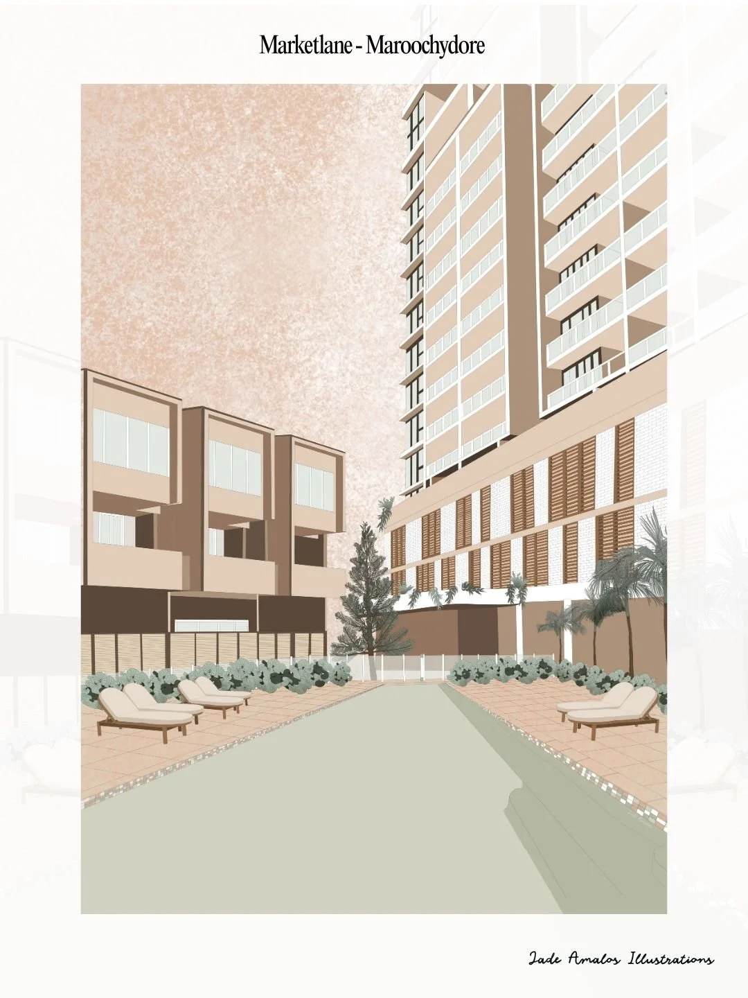Illustration of a modern urban development with high-rise buildings, a landscaped courtyard, and seating areas.