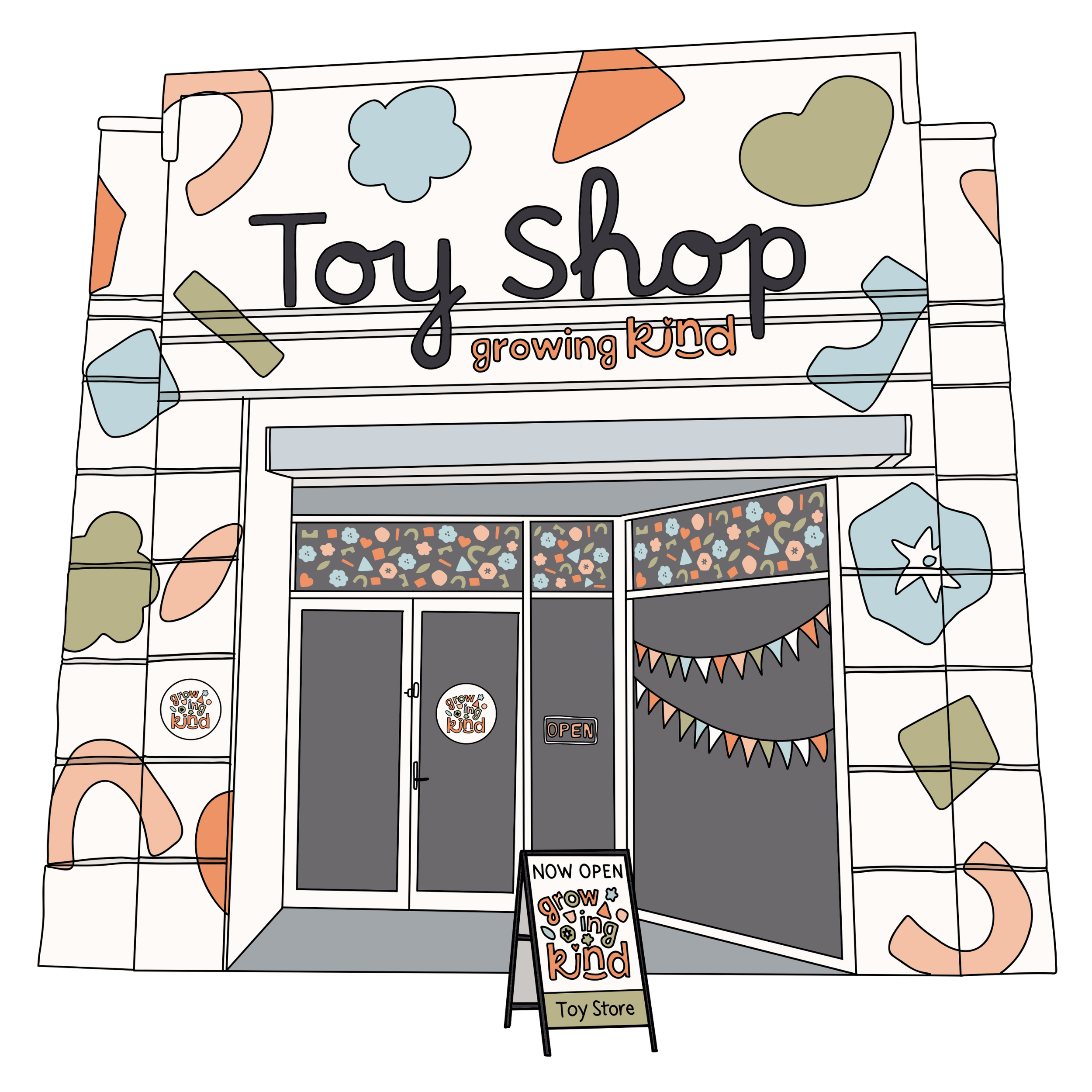 Illustration of the front entrance of a toy store with a sign that reads 'Toy Shop' and 'growing kid'. The store has a black door with an 'Open' sign and a sidewalk sign that says 'Toy Store' and 'grow kid'. Colorful abstract shapes decorate the storefront.