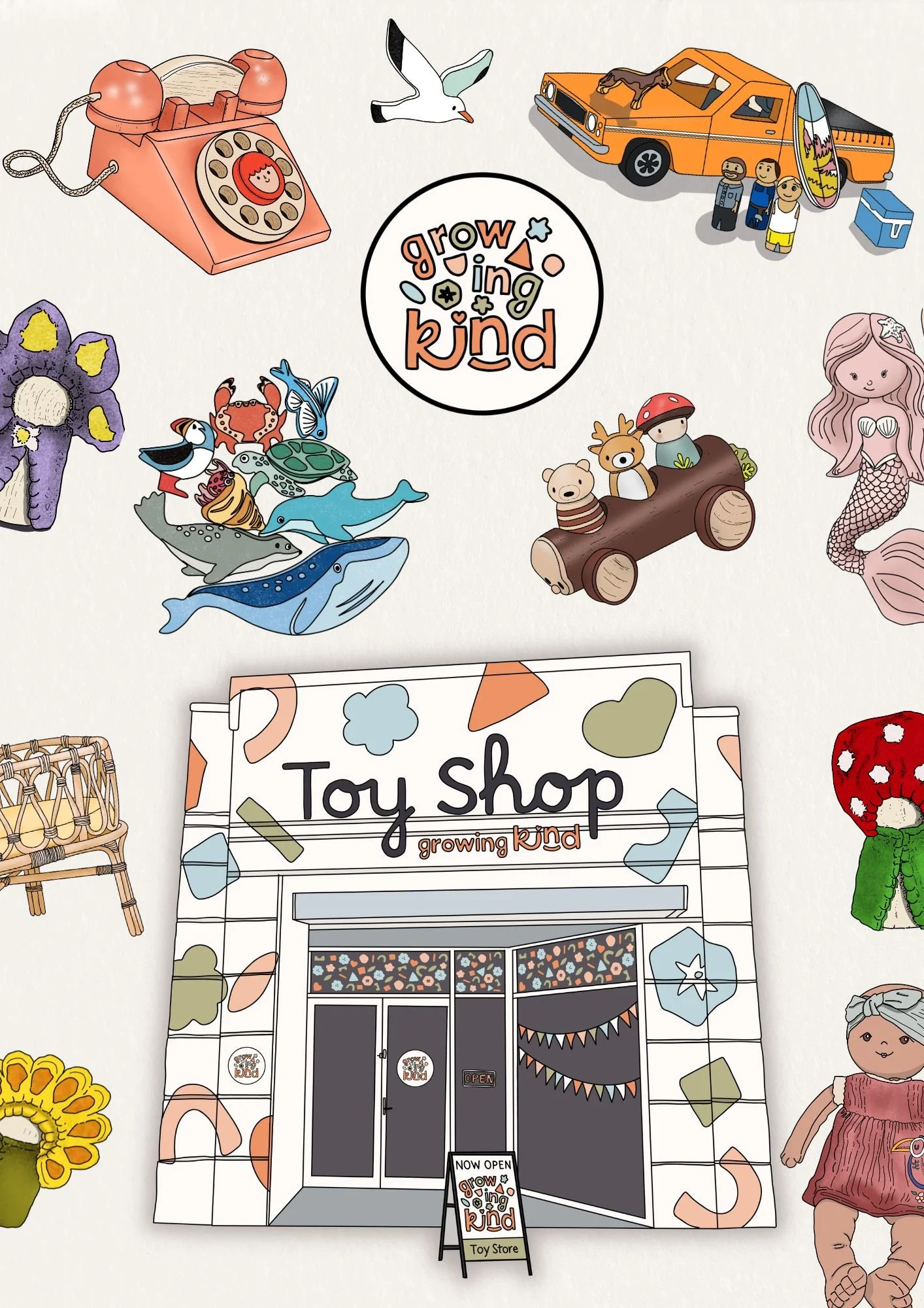 Illustration of a toy store named 'Growing Kind' with a sign that says 'Now Open'. The store has a decorated storefront with a front door and windows. Surrounding the store are various toys, including a pink toy telephone, a basket, sunflowers, dinosaurs, a whale, a turtle, a crab, a seagull, a car with a lizard and three children figurines, a mermaid doll, and other miscellaneous toys.