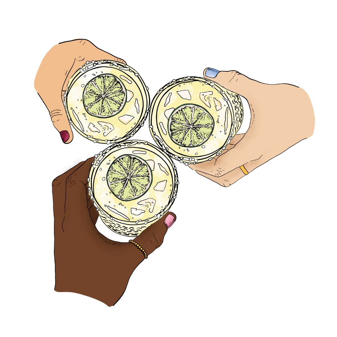 Hand-drawn illustration of three hands toasting with cocktails by Jade Amalos