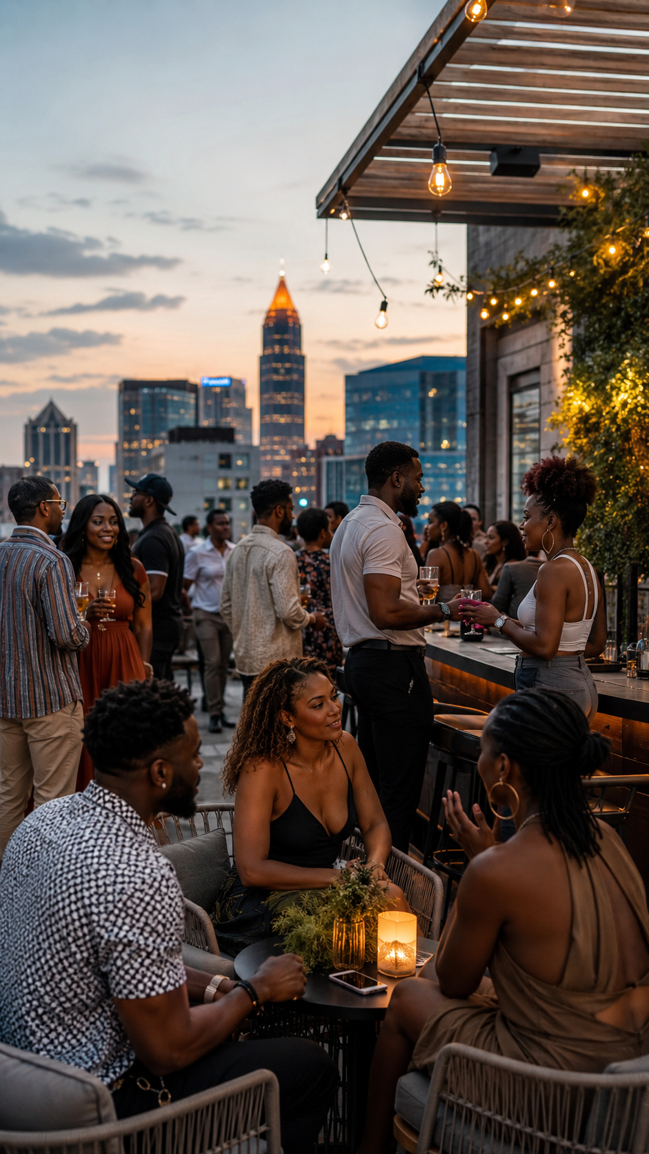 A lively rooftop party at sunset in an urban city with a city skyline in the background. People are socializing, barbecuing, and enjoying drinks in a stylish outdoor setting decorated with string lights and candles.