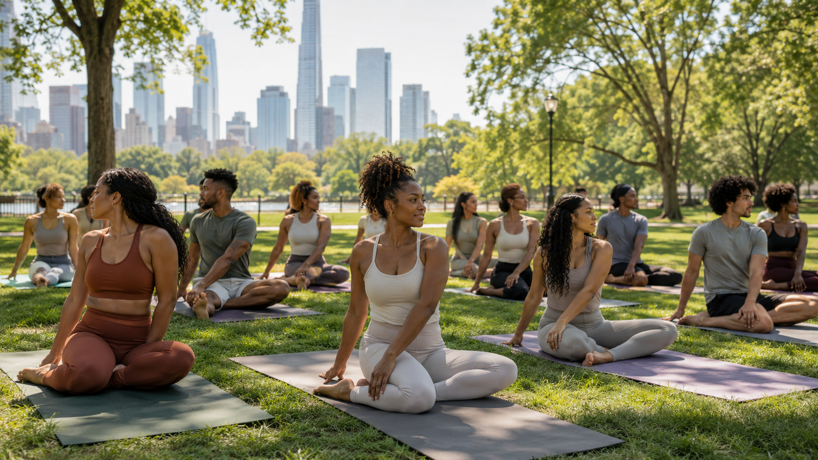 A diverse group of people practicing yoga outdoors in a park with trees and a city skyline in the background.