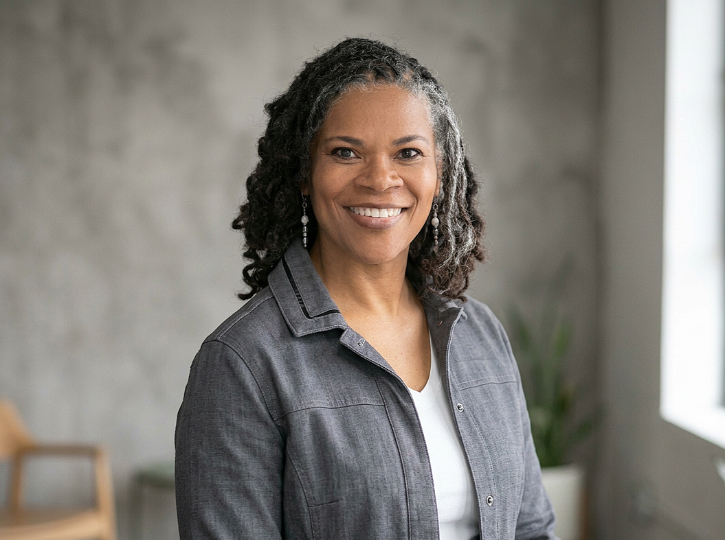 A woman with shoulder-length curly gray hair, smiling, wearing a gray jacket over a white top, standing in a room with a blurred background including a chair, a plant, and a window.