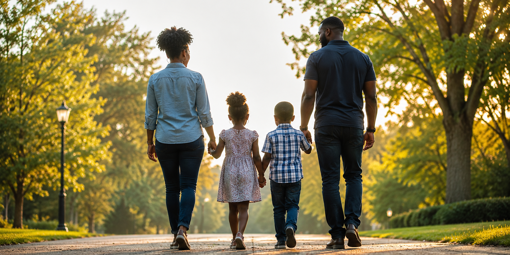 A family of five walking hand in hand in a park during sunset, with trees and a lamppost in the background.