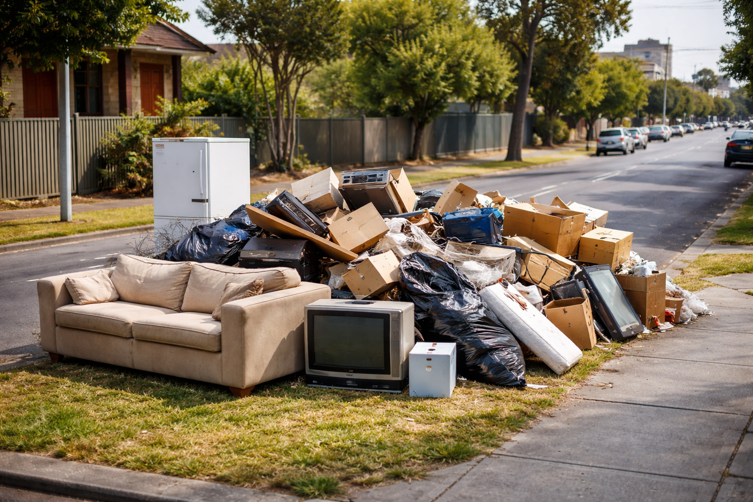 Roadside hard rubbish removal service in Melbourne including old furniture, whitegoods, electronics, cardboard, and household waste collected for responsible disposal and recycling.