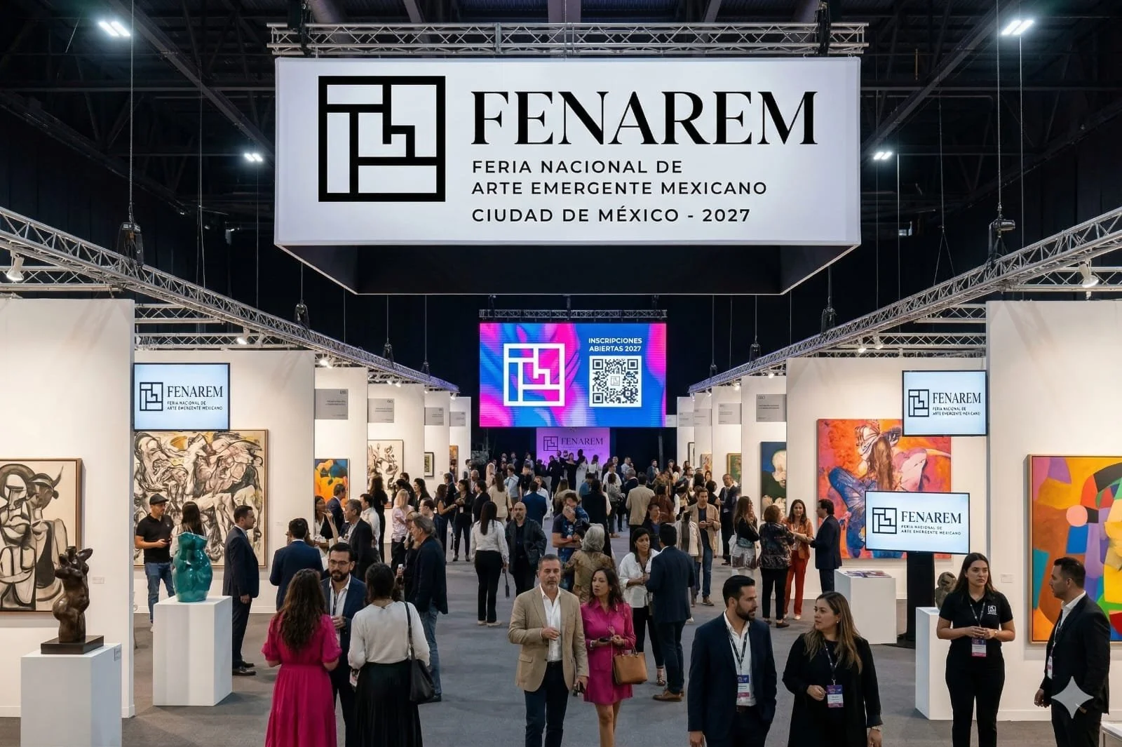 Galería de arte en la feria FENAREM en Ciudad de México en 2027, con varias pinturas y esculturas exhibidas, numerosas personas conversando y caminando, pantallas mostrando información, y un cartel grande con el logo y nombre del evento.