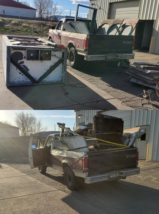 A before and after of a skillfully broken down pile of scrap metal, removed and safely disposed of