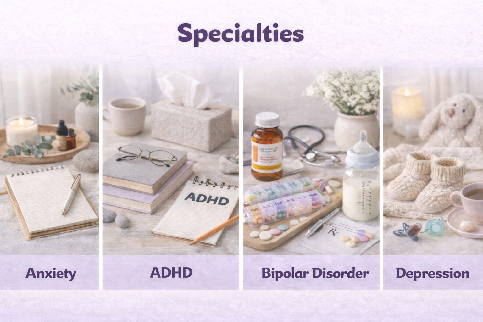 An infographic displaying four different groups of items representing mental health specialties: Anxiety with journaling supplies and candles, ADHD with medication and notebooks, Bipolar Disorder with medication bottles, pills, and a stethoscope, and Depression with cozy socks, a teddy bear, and a cup of tea.