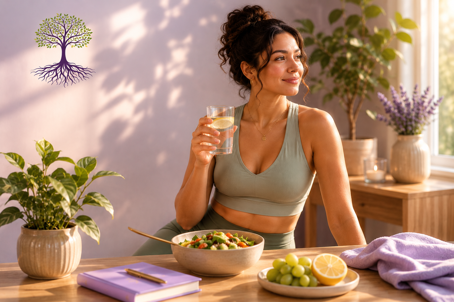A woman in workout attire sitting at a wooden table, holding a glass of water with lemon, with a bowl of salad, grapes, a lemon half, a purple towel, a purple notebook with a pen, and plants in the background.