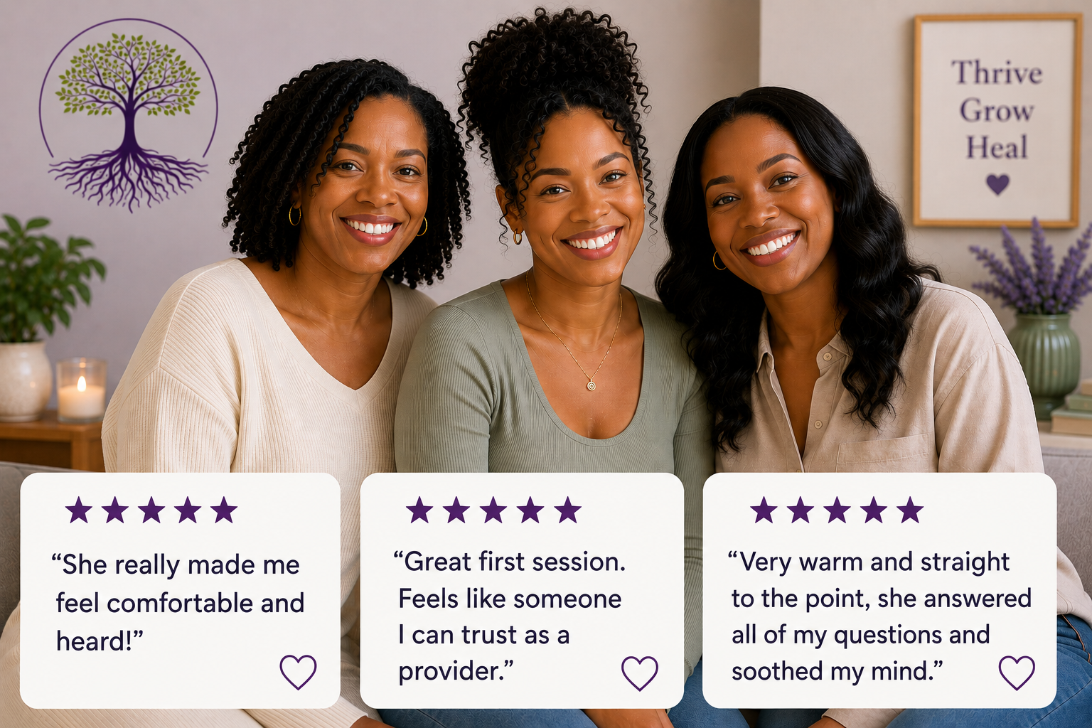 Three women sitting close together, smiling in a room decorated with plants, candles, and motivational signs. The signs include a tree logo and the words "Thrive Grow Heal." There are three reviews with five-star ratings below their photos praising a provider.
