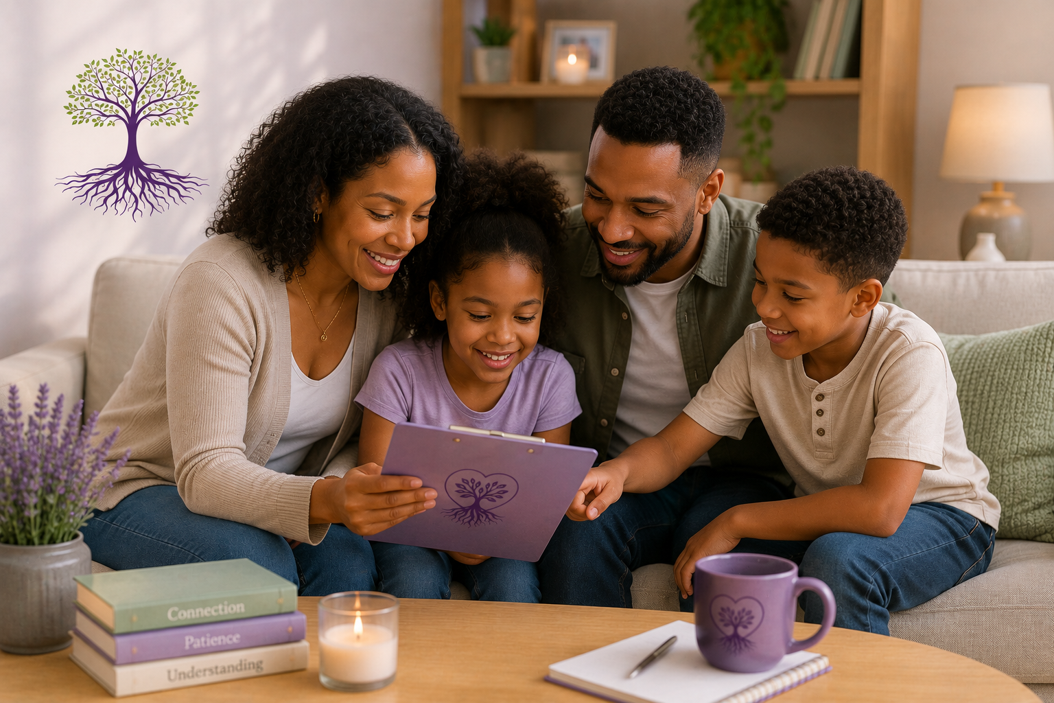 Family of four sitting on a couch, happily looking at a purple clipboard with a tree symbol, surrounded by books, a lit candle, a purple mug, and a notebook in a cozy living room.