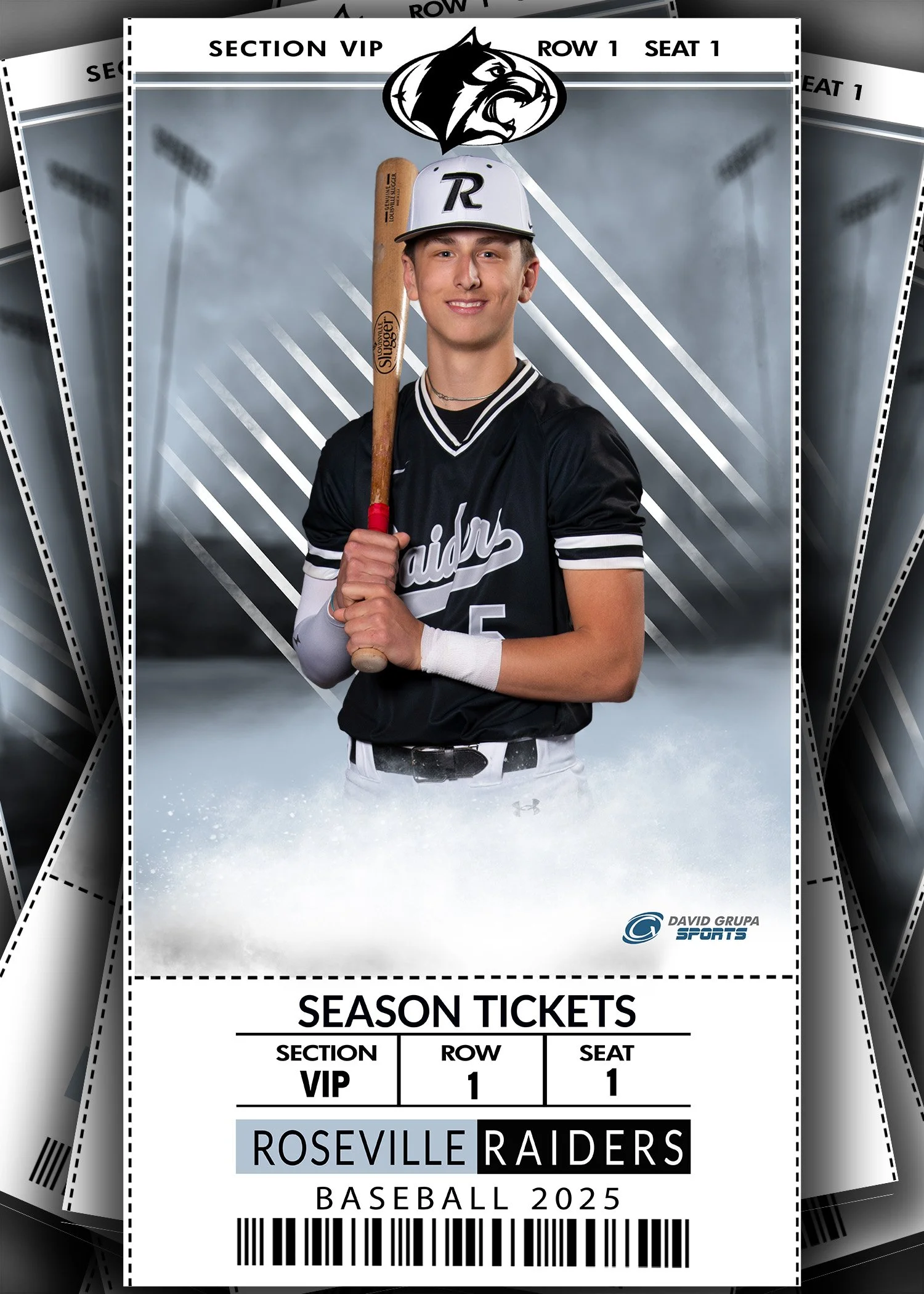 A young male baseball player in a black and white uniform holding a bat, smiling, with a graphic of a sports ticket overlayed in front of him. The ticket indicates it is for the Roseville Raiders baseball season in 2025, with VIP section, row 1, seat