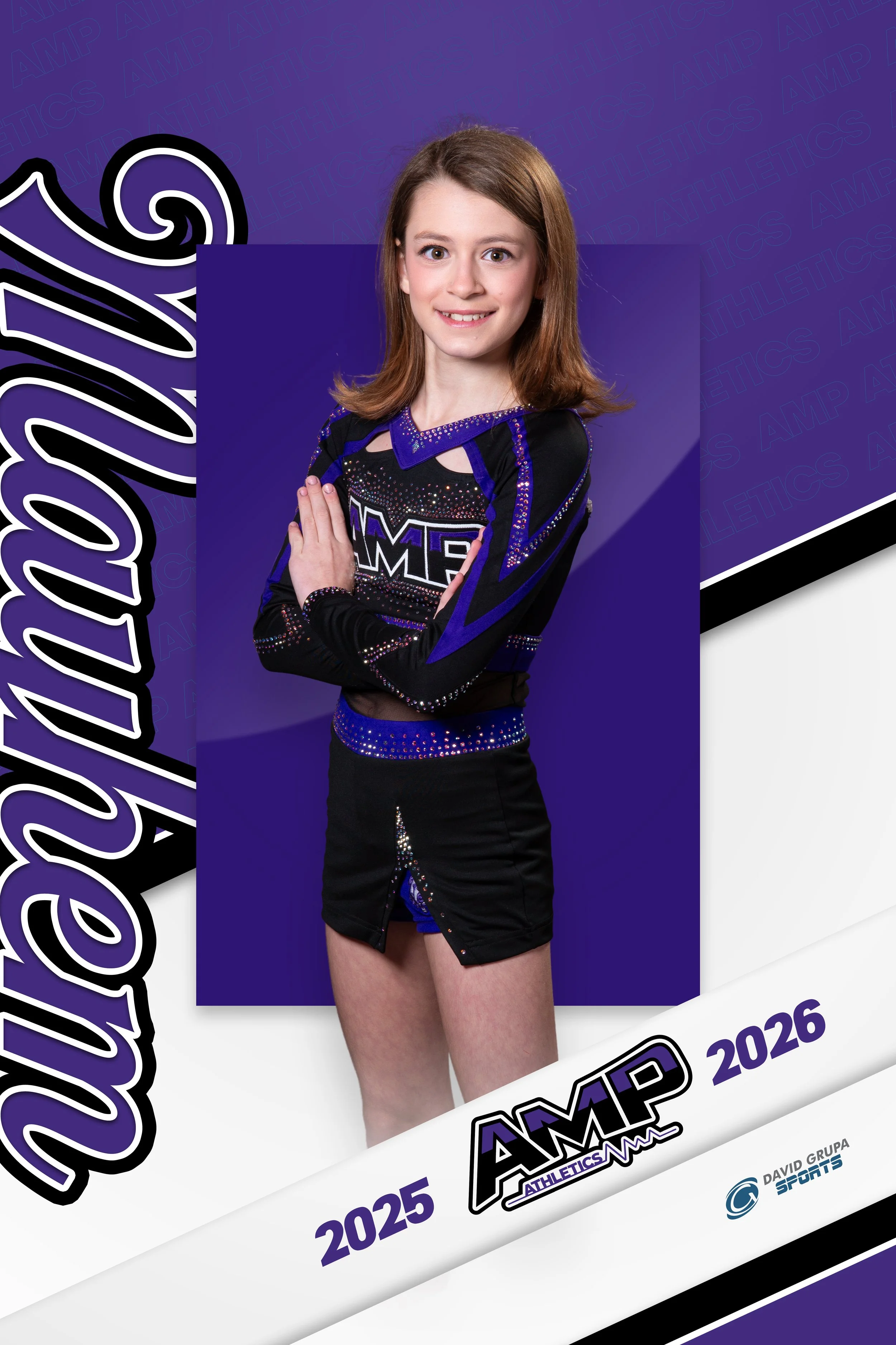 A young female athlete in a black and purple cheerleading uniform with rhinestones, standing with crossed arms, smiling, in front of purple and white backgrounds with event logos and year markers for 2025 and 2026.