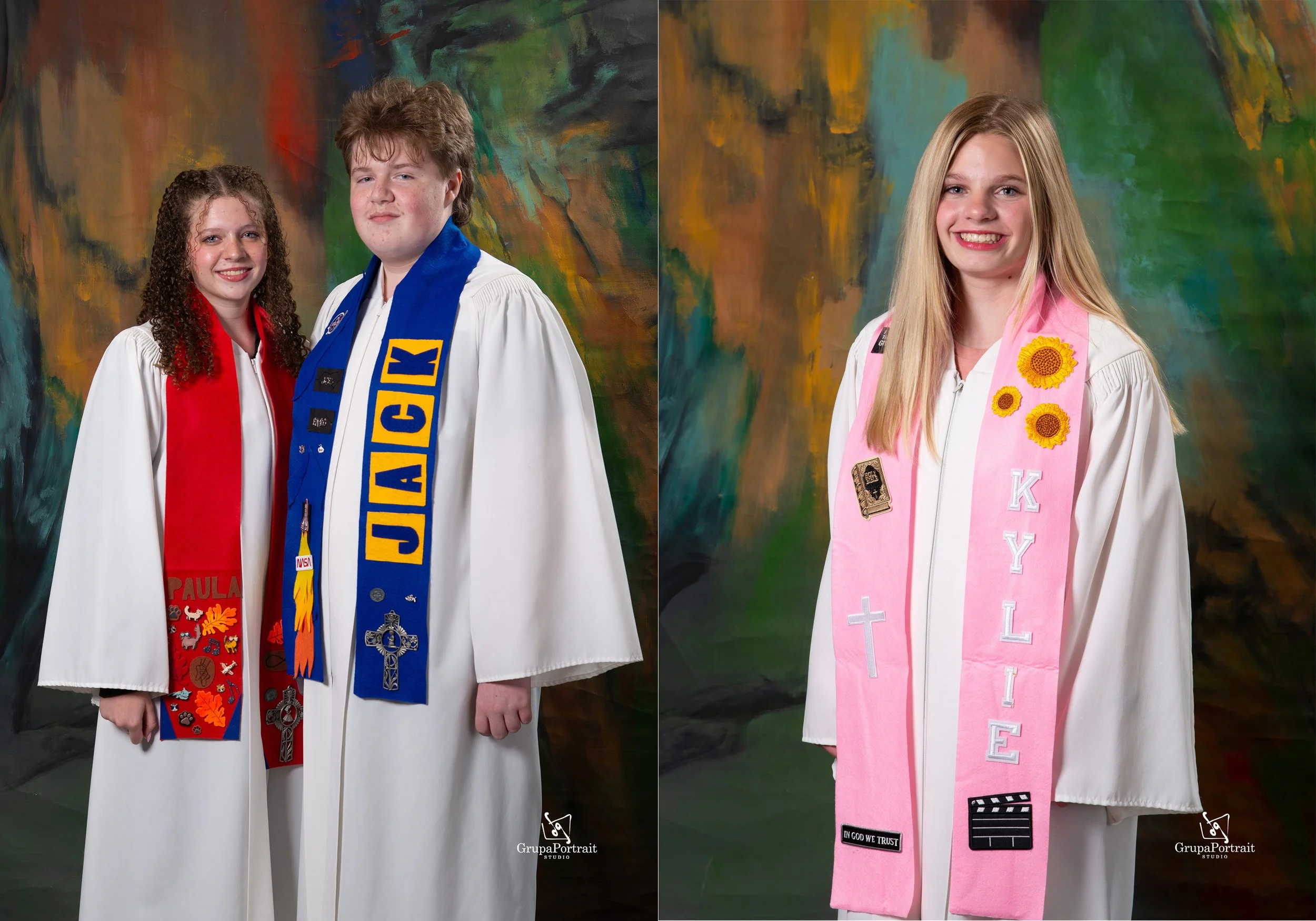 Two graduation portraits, a girl and a boy on the left, both wearing white gowns with decorated stoles, standing in front of a colorful abstract background. The girl has long curly hair and wears a red stole with various patches, and the boy has short curly hair with a blue stole with yellow lettering and a cross. On the right, a girl with long blonde hair smiles, wearing a white gown with a pink stole decorated with patches including sunflowers, a cross, and other symbols, standing in front of a similar abstract background.