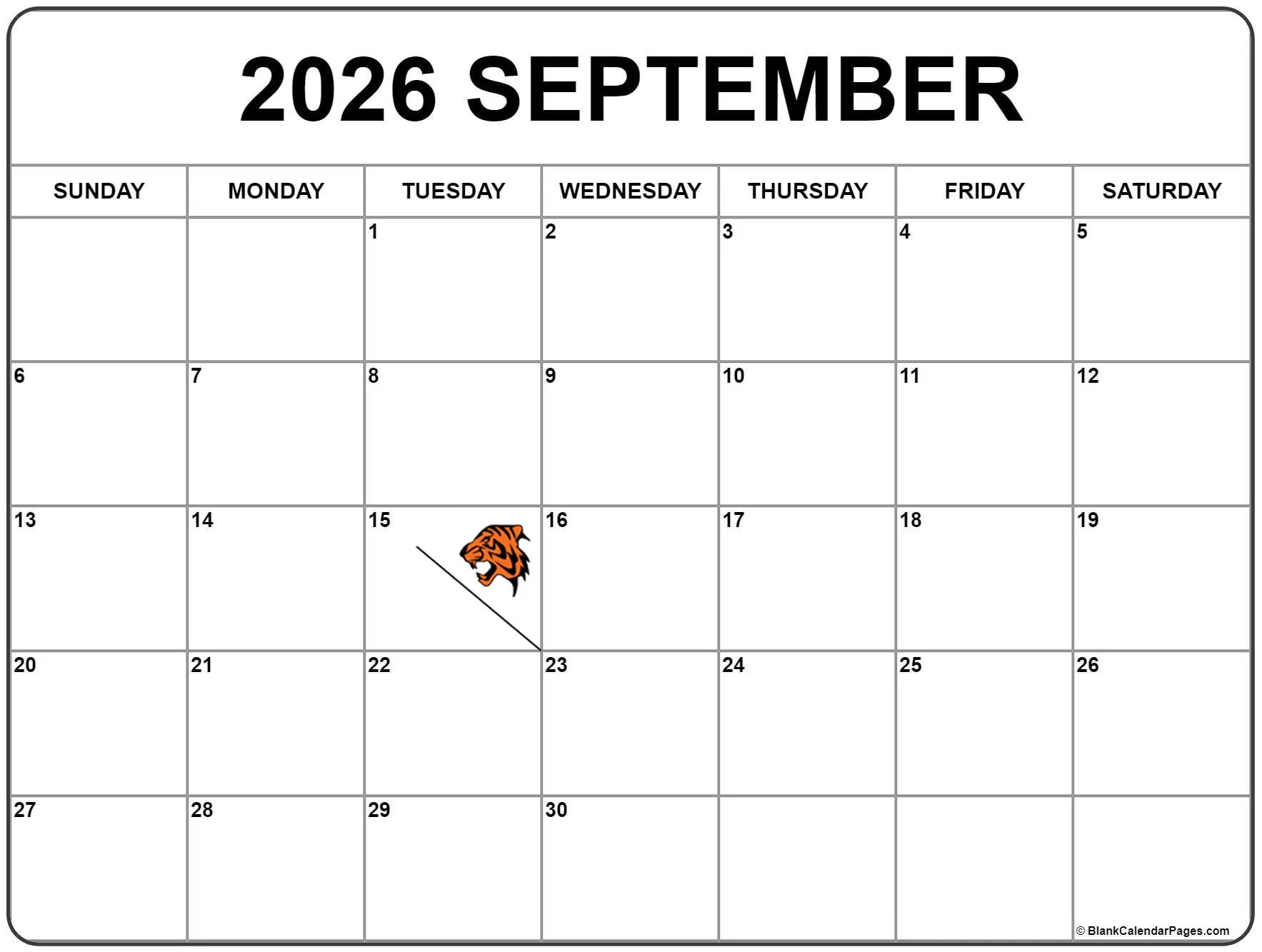 A calendar for September 2026 showing a tiger head sticker on September 15th.
