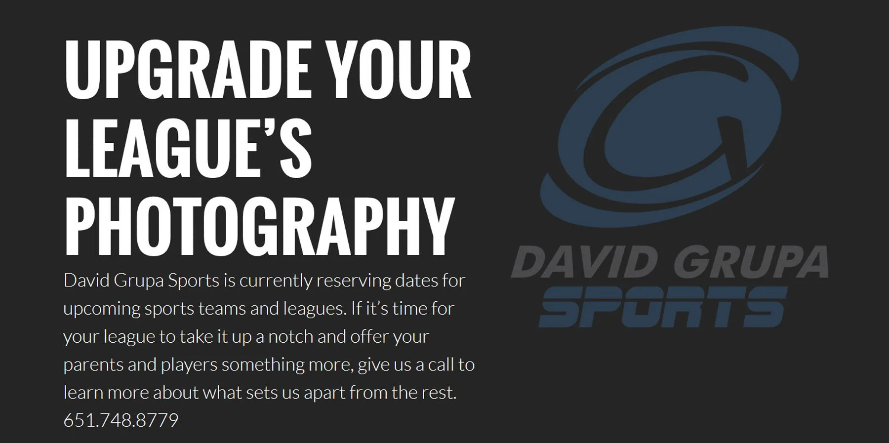 Poster advertising photography services for sports leagues by David Grupa Sports, with a blue logo and contact phone number 651.748.8779.