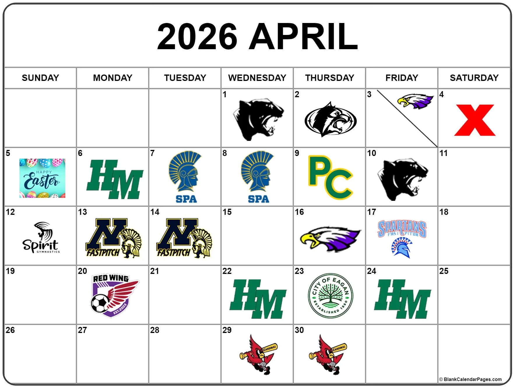 April 2026 calendar with school and sports team logos, holiday and event icons, including Easter, dental hygiene, and sports team mascots.