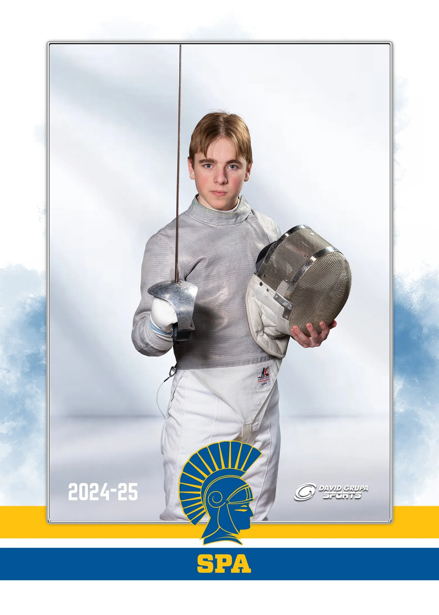 Young male fencer in fencing gear holding a fencing mask and sword, standing against a cloudy sky background, with Spartan helmet logo and 'SPA' text at the bottom.